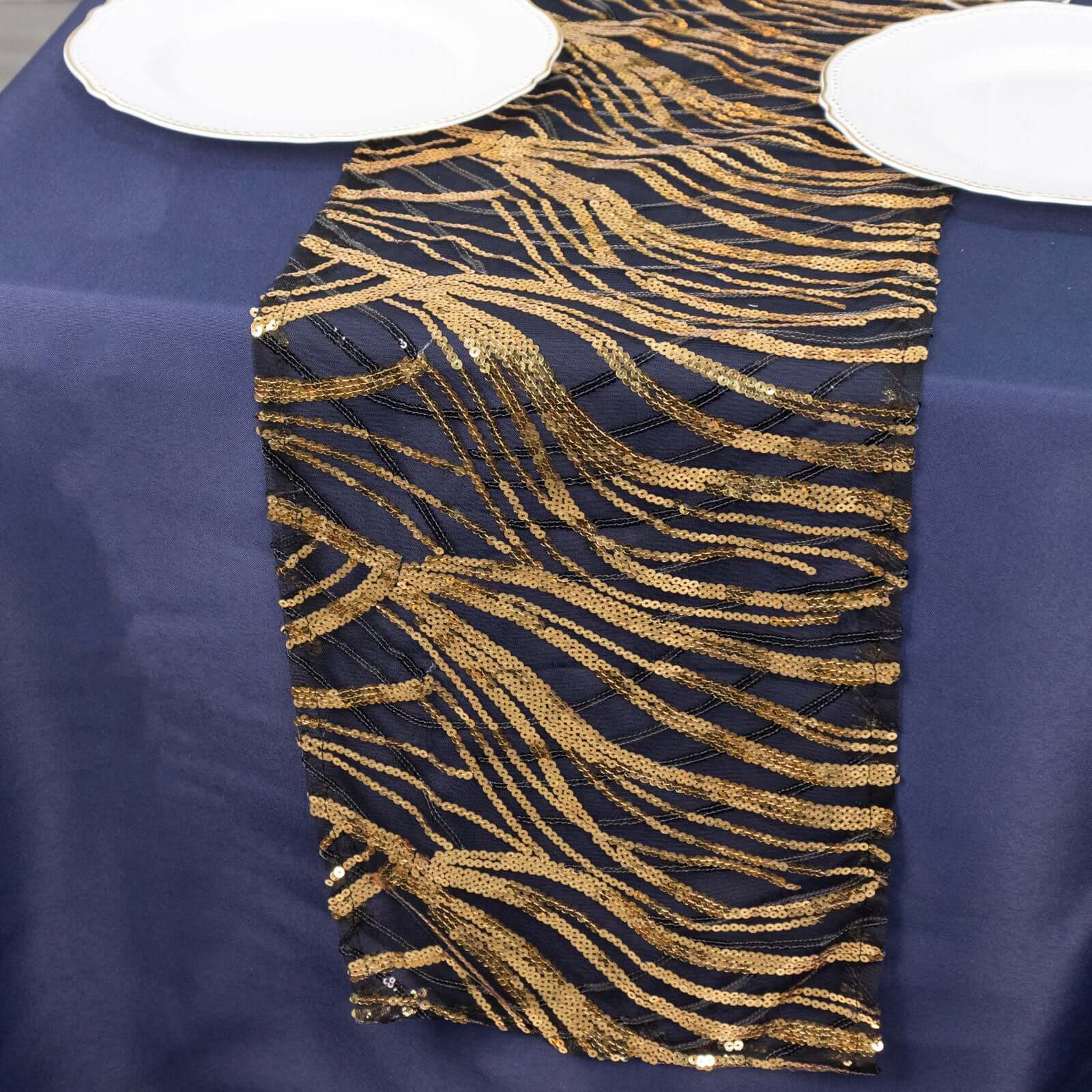 Mesh Table Runner 12"x108" Black/Gold - Wave Embroidered Sequin Table Decor - Image 14