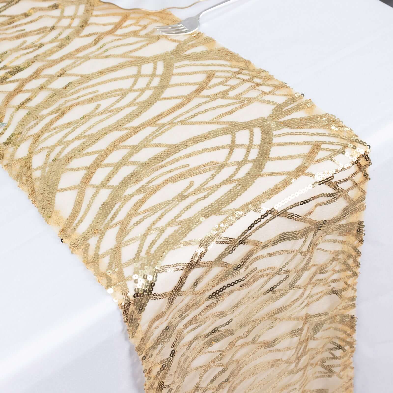 Mesh Table Runner 12"x108" Champagne - Wave Embroidered Sequin Table Decor - Image 3