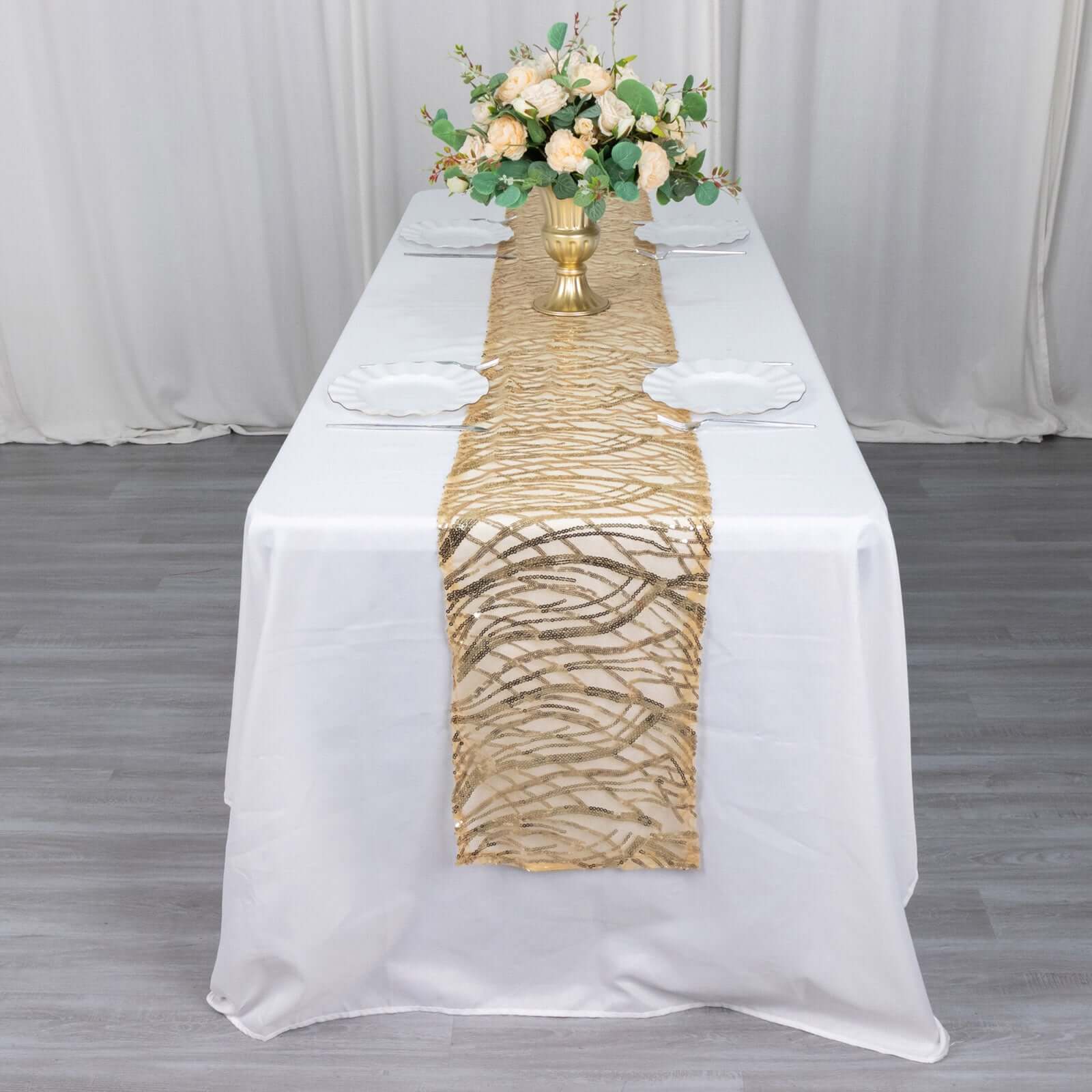 Mesh Table Runner 12"x108" Champagne - Wave Embroidered Sequin Table Decor - Image 4