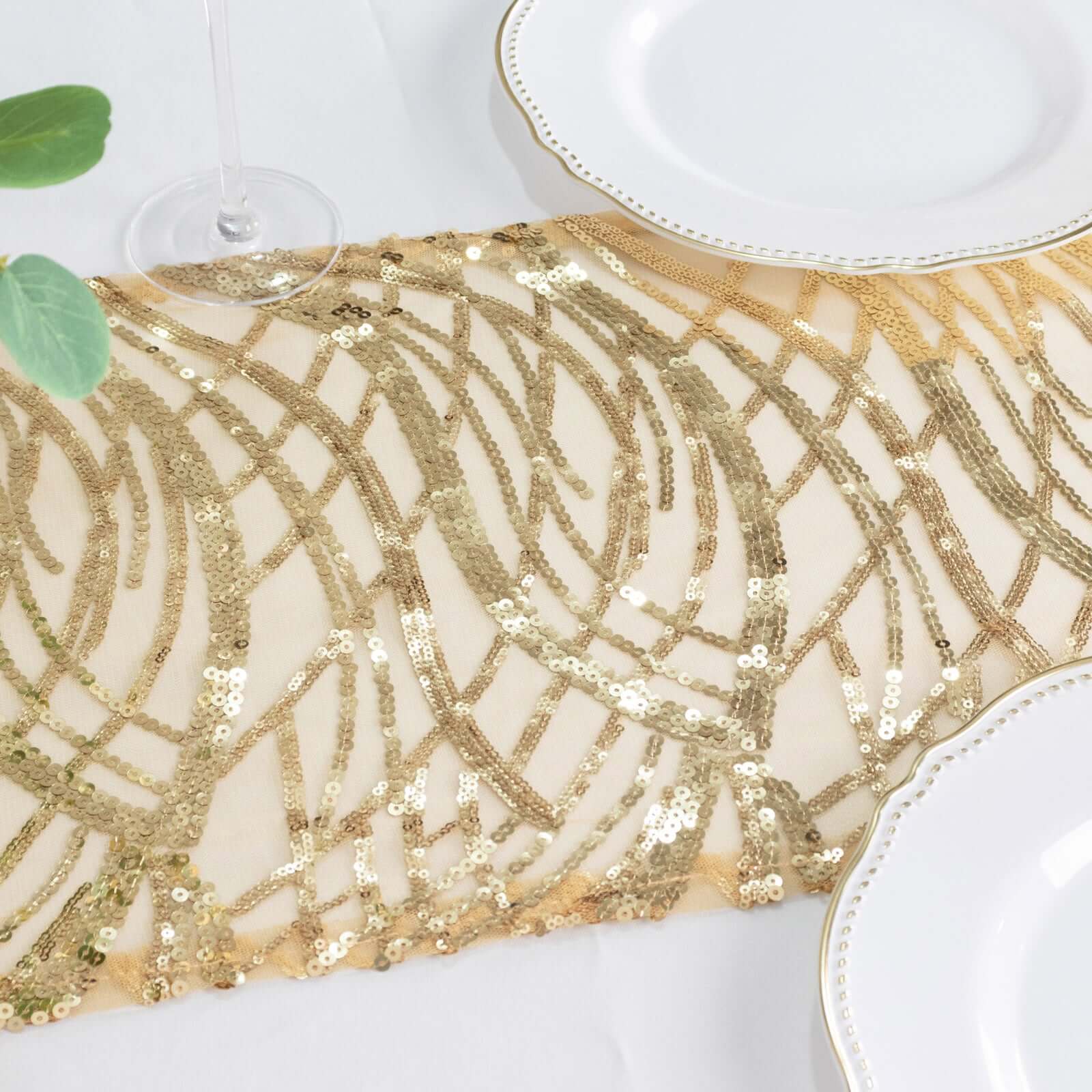 Mesh Table Runner 12"x108" Champagne - Wave Embroidered Sequin Table Decor - Image 5