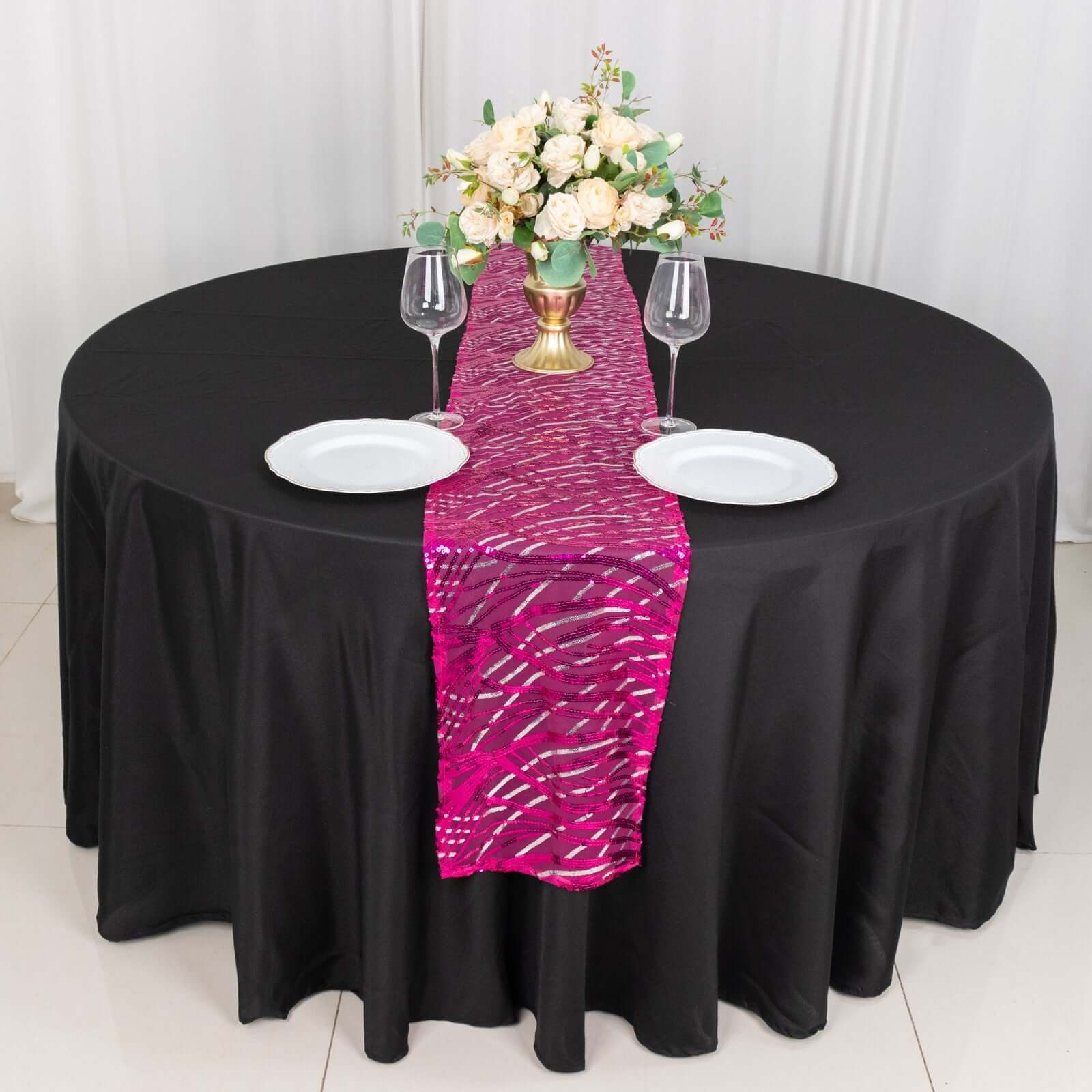 Mesh Table Runner 12"x108" Fuchsia - Wave Embroidered Sequin Table Decor - Image 2