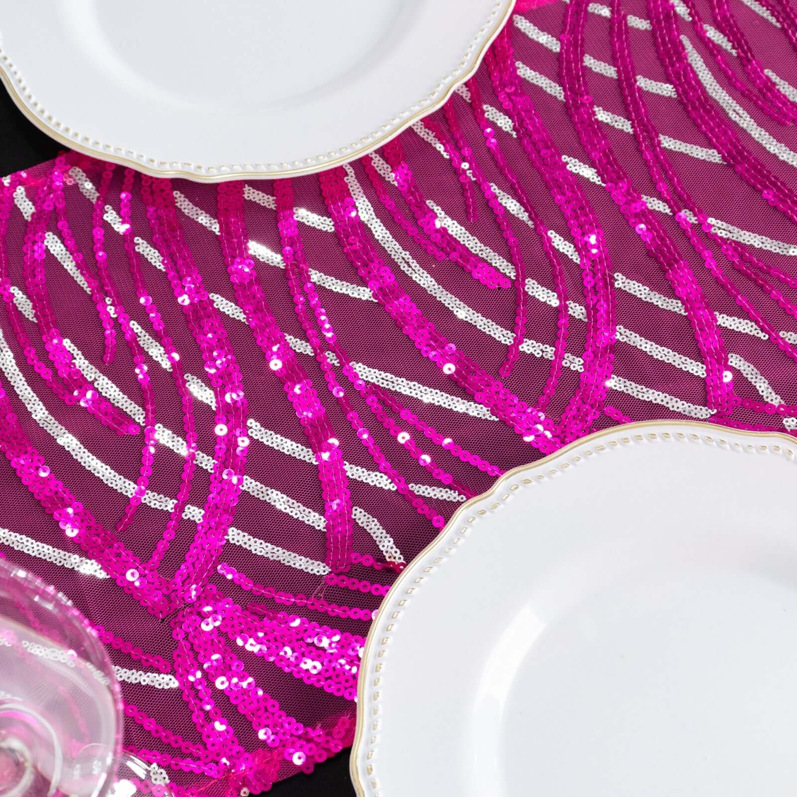 Mesh Table Runner 12"x108" Fuchsia - Wave Embroidered Sequin Table Decor - Image 3