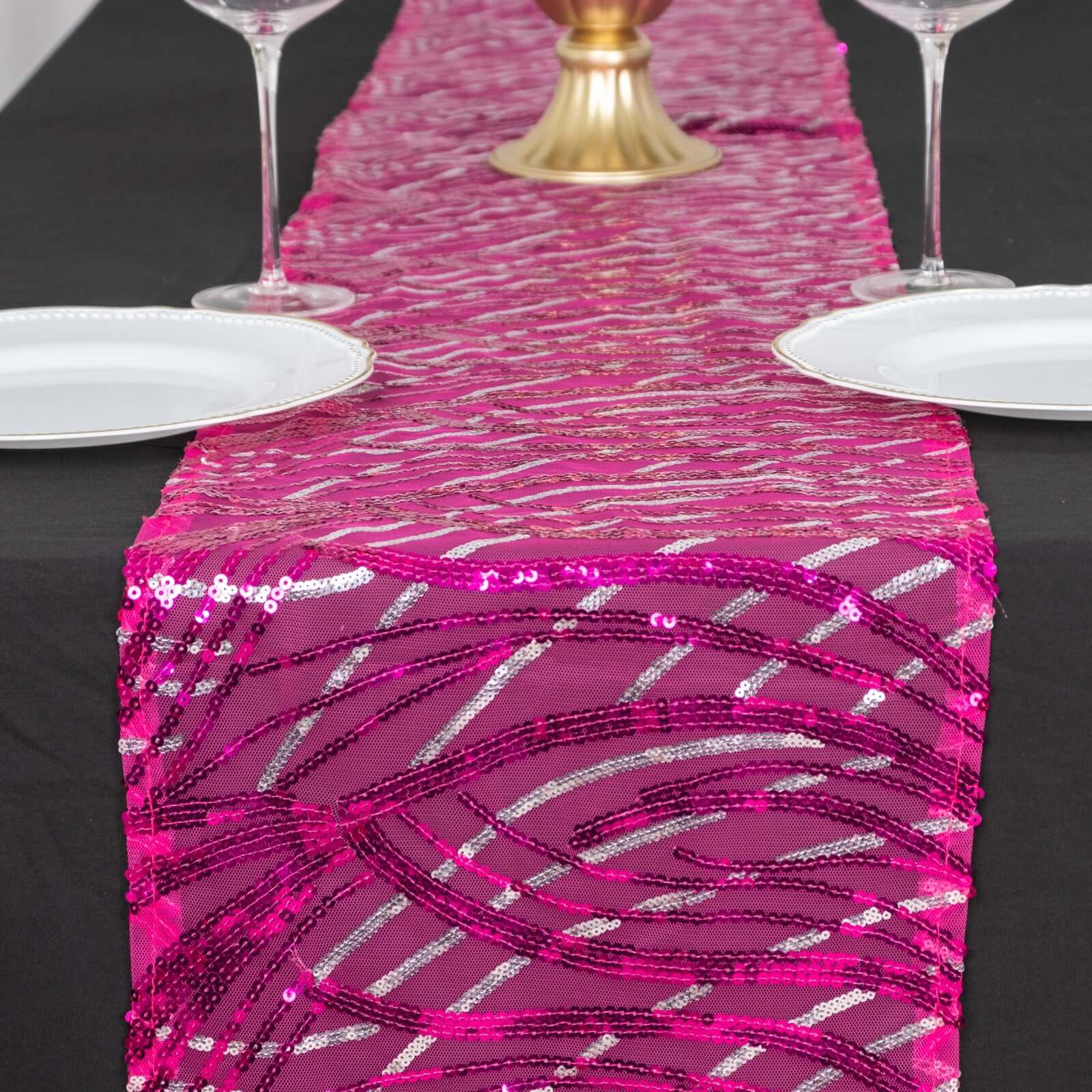 Mesh Table Runner 12"x108" Fuchsia - Wave Embroidered Sequin Table Decor - Image 4