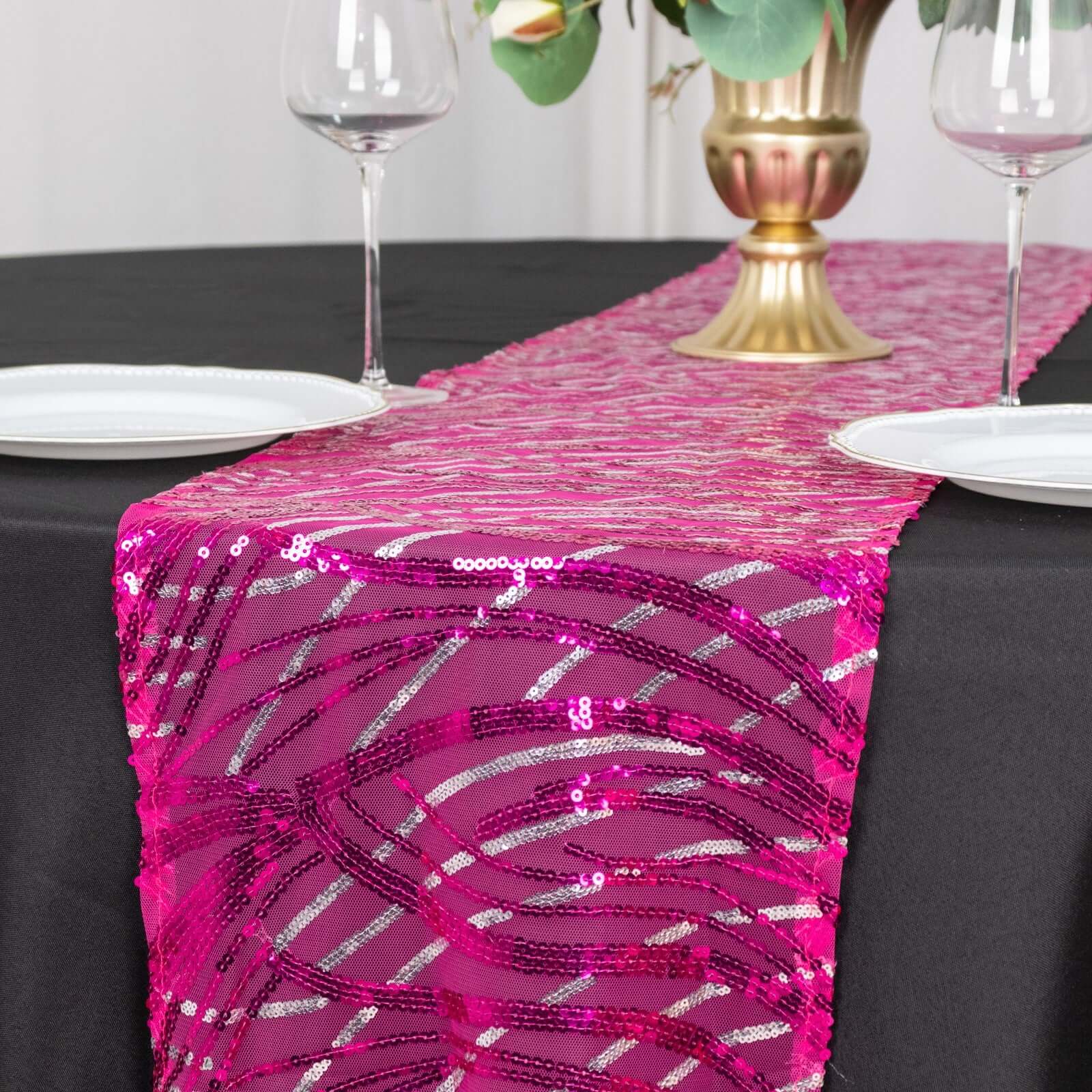 Mesh Table Runner 12"x108" Fuchsia - Wave Embroidered Sequin Table Decor - Image 5