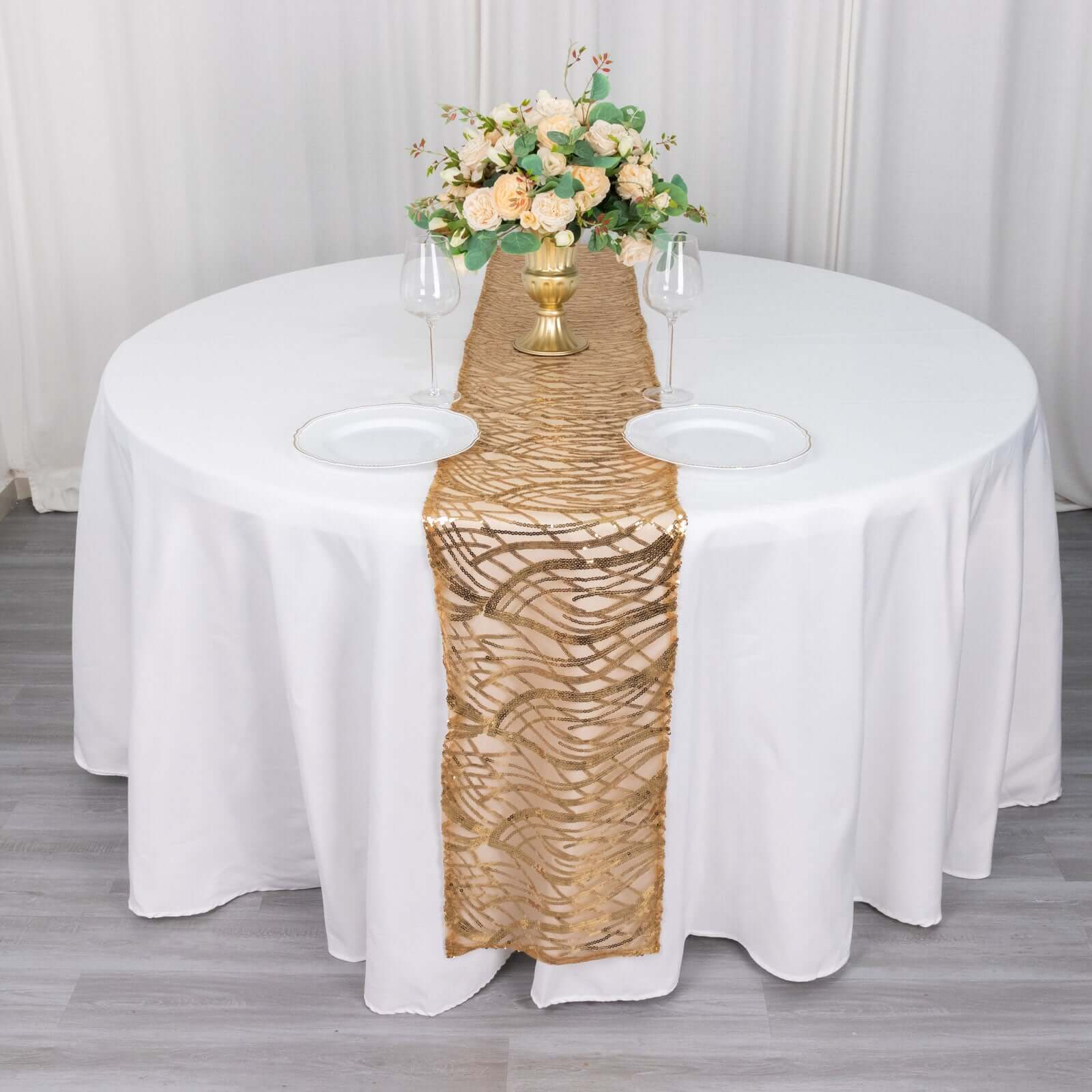 Mesh Table Runner 12"x108" Gold with Wave Embroidered Sequin Design - Perfect for Weddings and Luxe Events - Image 2