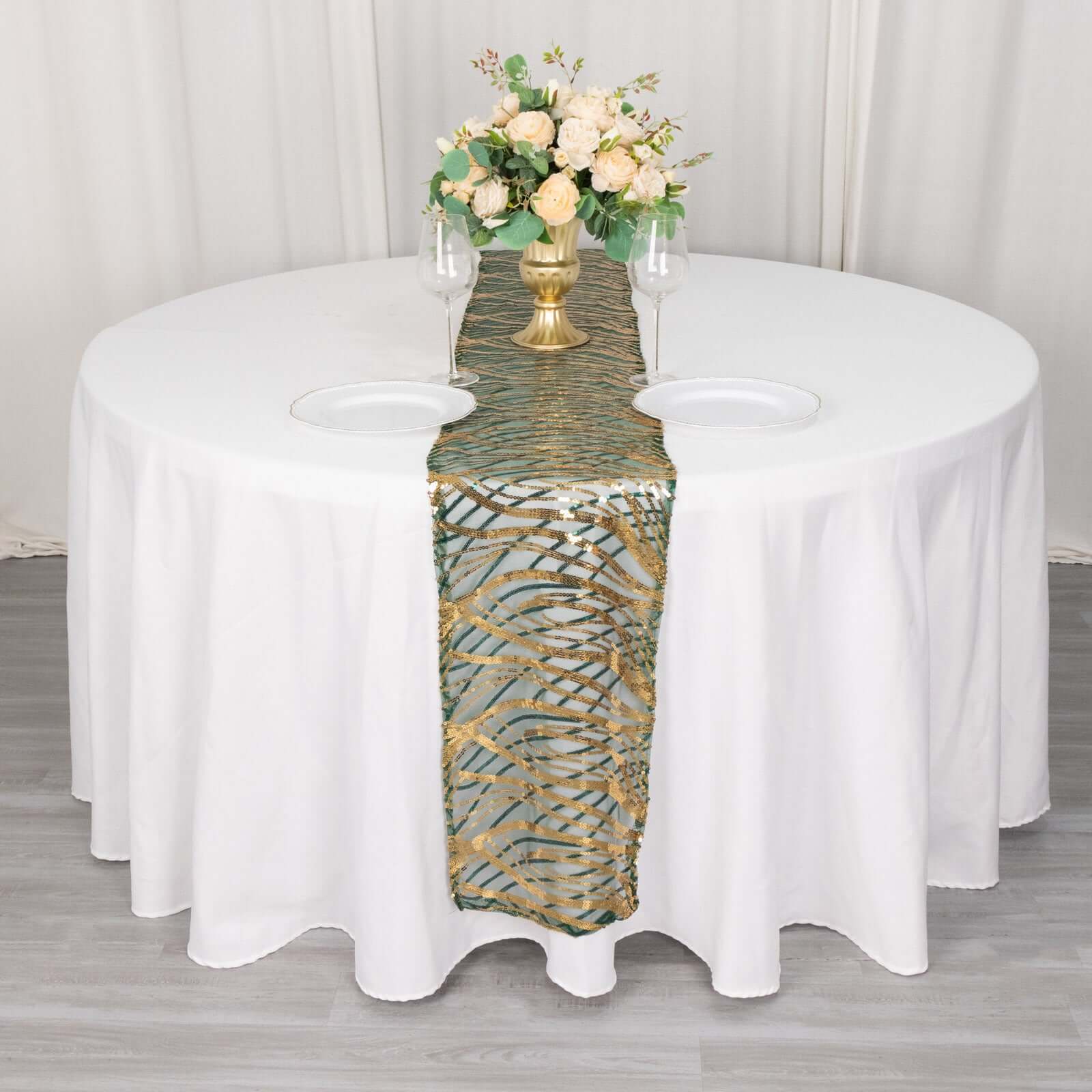 Mesh Table Runner 12"x108" Hunter Emerald Green/Gold - Wave Embroidered Sequin Table Decor - Image 2