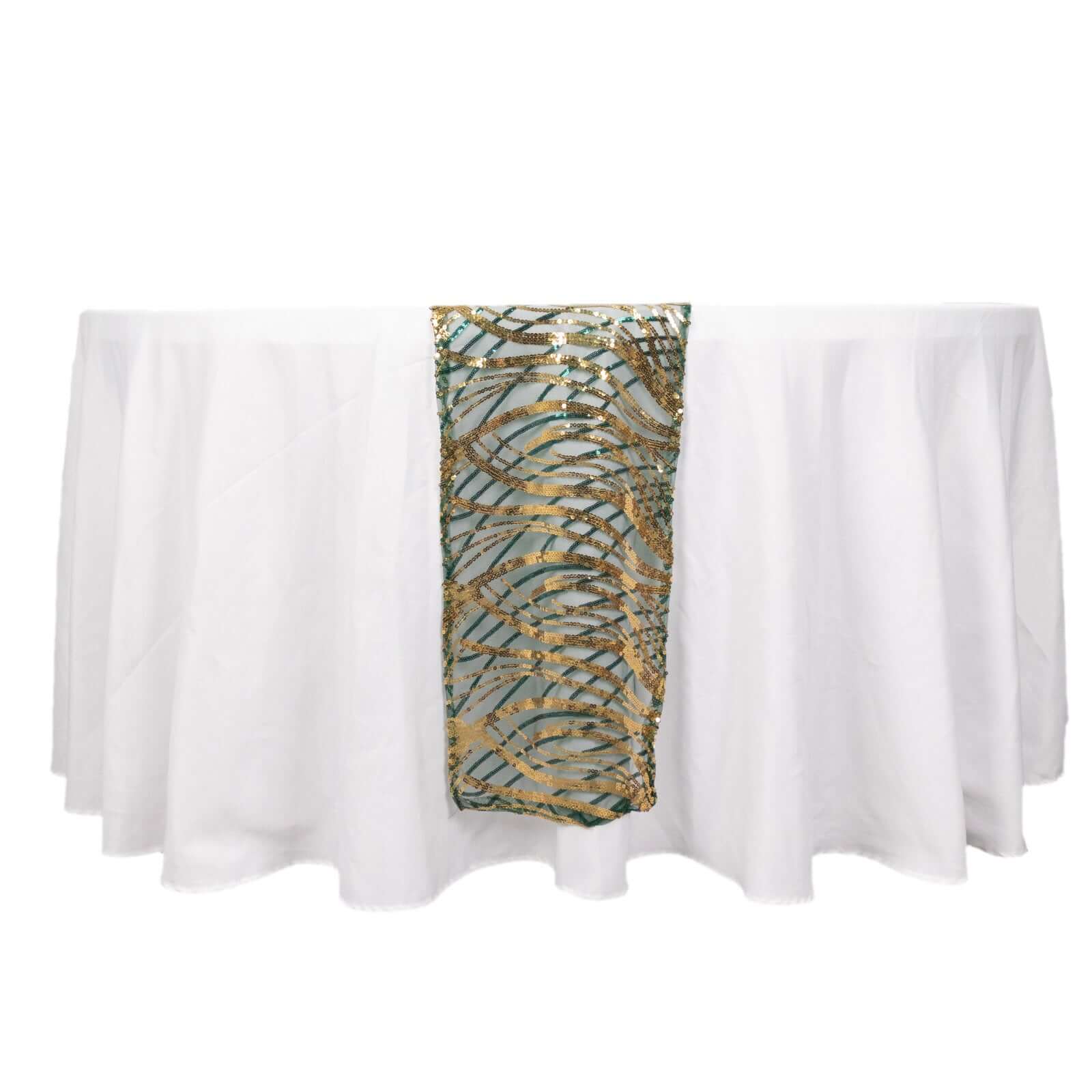 Mesh Table Runner 12"x108" Hunter Emerald Green/Gold - Wave Embroidered Sequin Table Decor - Image 6