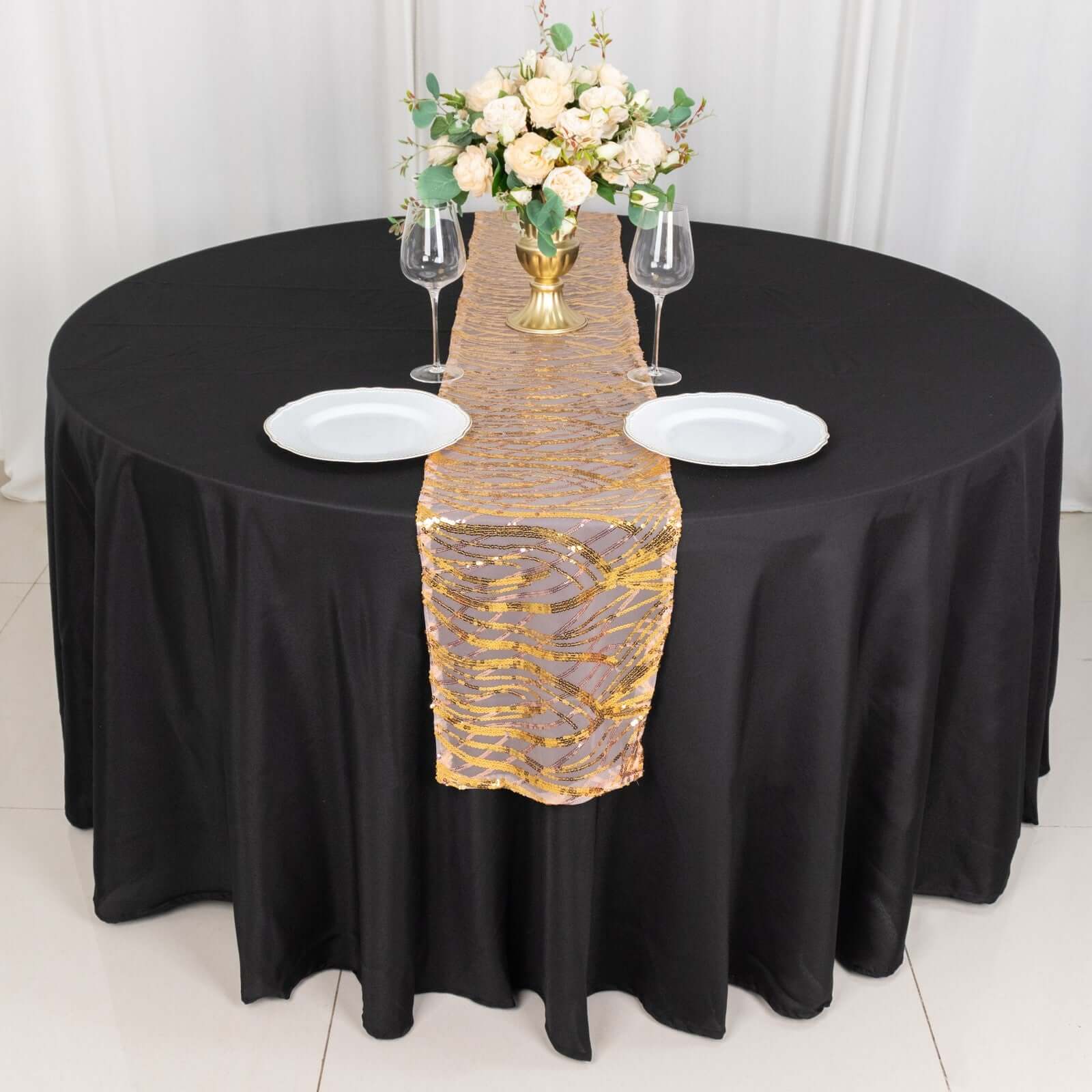 Mesh Table Runner 12"x108" Rose Gold/Gold - Wave Embroidered Sequin Table Decor - Image 2