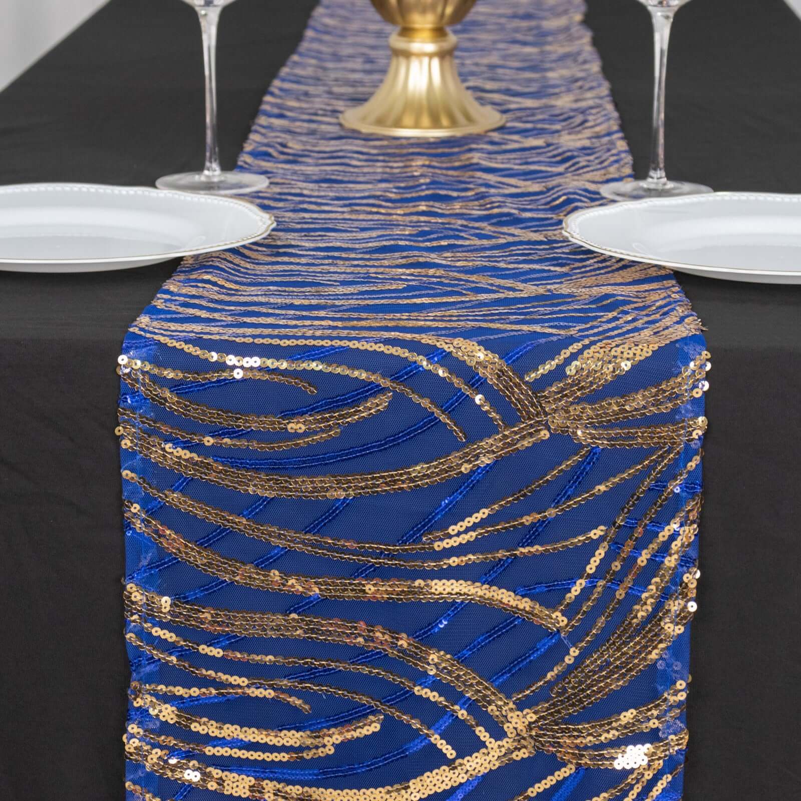 Mesh Table Runner 12"x108" Royal Blue/Gold - Wave Embroidered Sequin Table Decor - Image 4