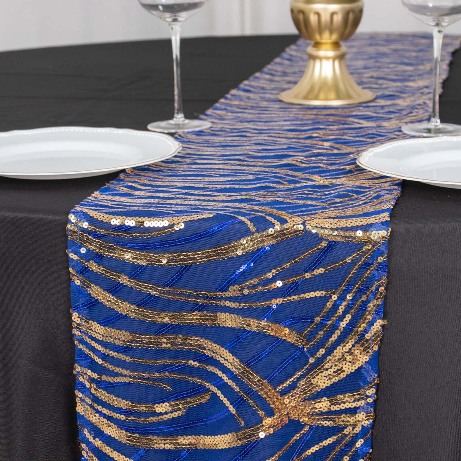 Mesh Table Runner 12"x108" Royal Blue/Gold - Wave Embroidered Sequin Table Decor - Image 5
