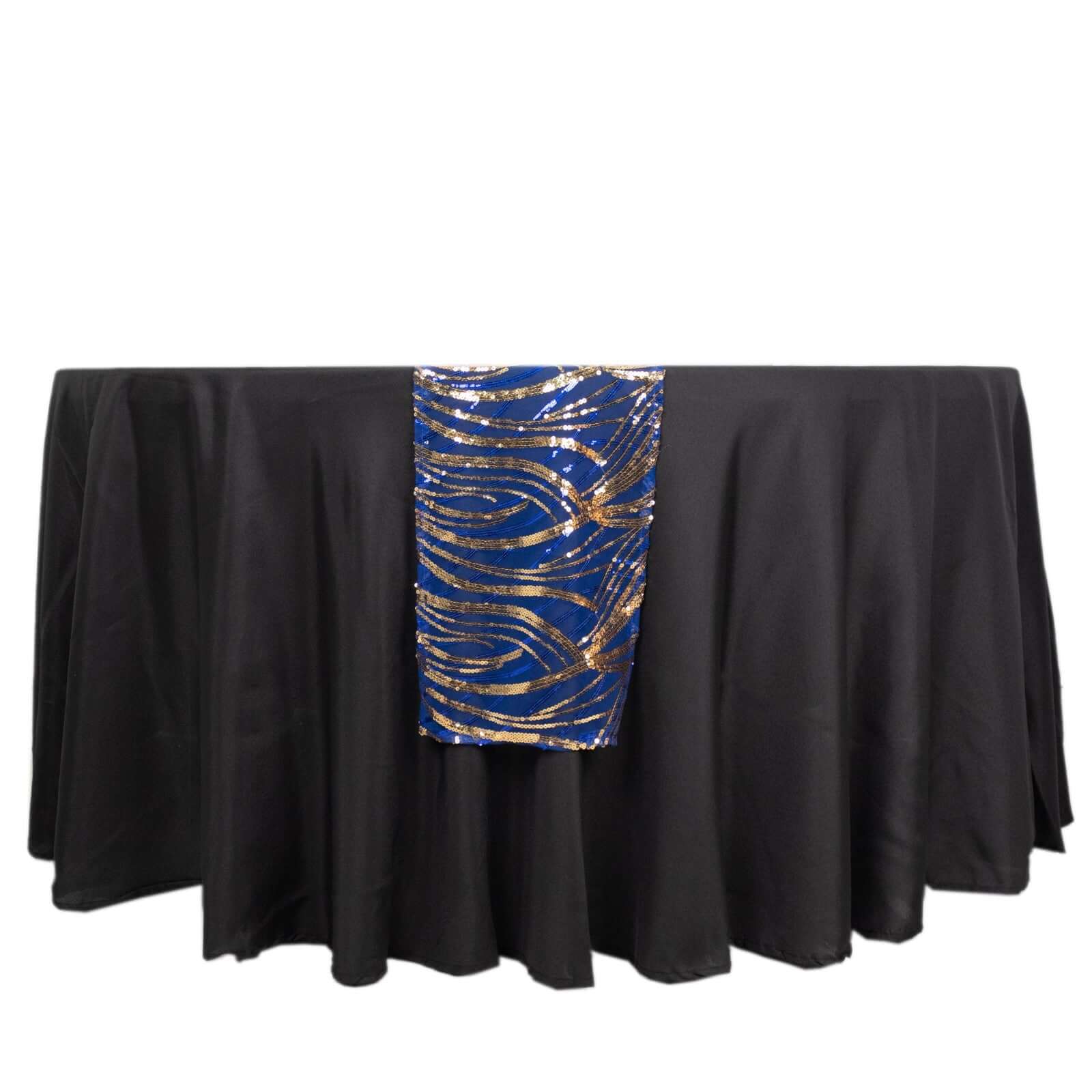 Mesh Table Runner 12"x108" Royal Blue/Gold - Wave Embroidered Sequin Table Decor - Image 7