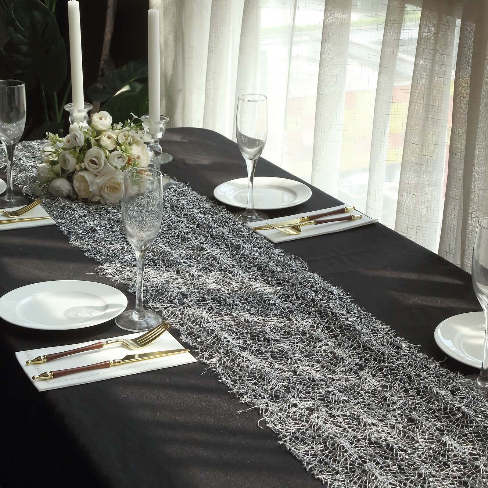 Mesh Table Runner 12"x108" Silver with Sequin Schiffli Lace Design - Disposable Table Decor - Image 11