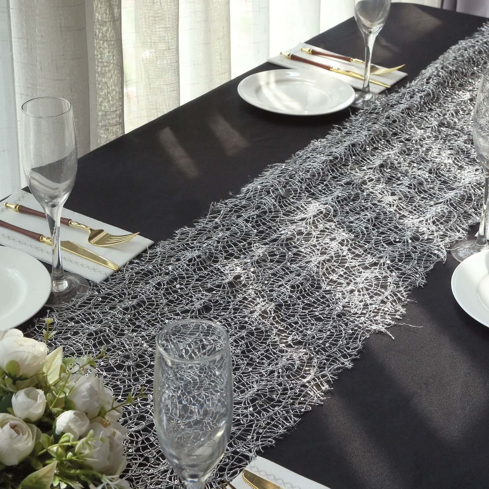 Mesh Table Runner 12"x108" Silver with Sequin Schiffli Lace Design - Disposable Table Decor - Image 2
