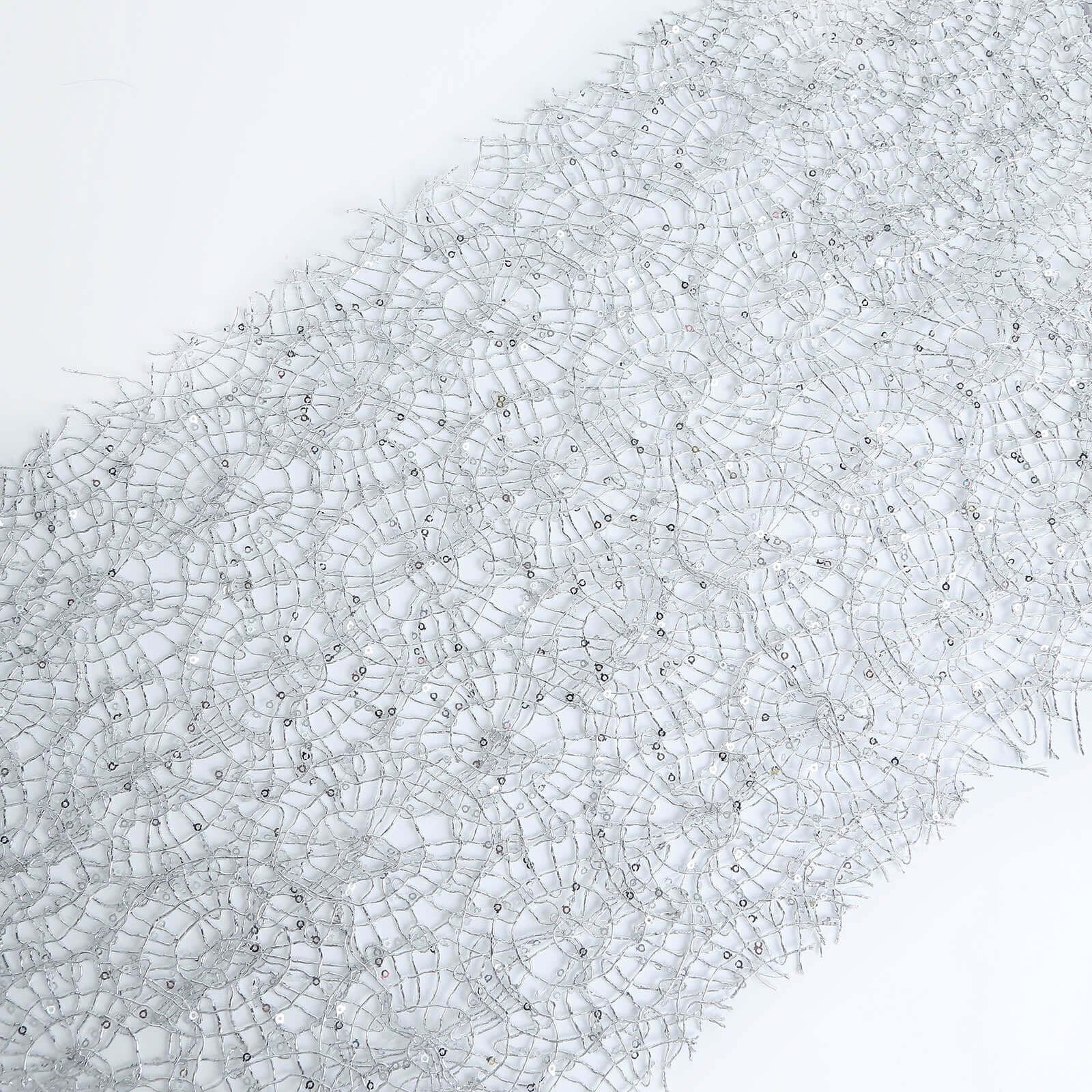 Mesh Table Runner 12"x108" Silver with Sequin Schiffli Lace Design - Disposable Table Decor - Image 3