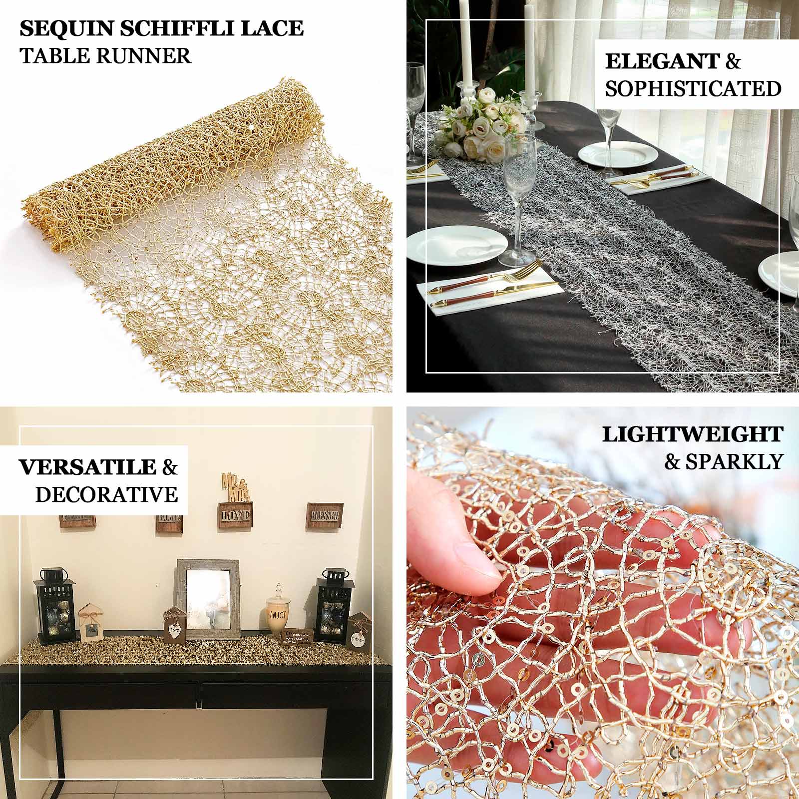 Mesh Table Runner 12"x108" Silver with Sequin Schiffli Lace Design - Disposable Table Decor - Image 4