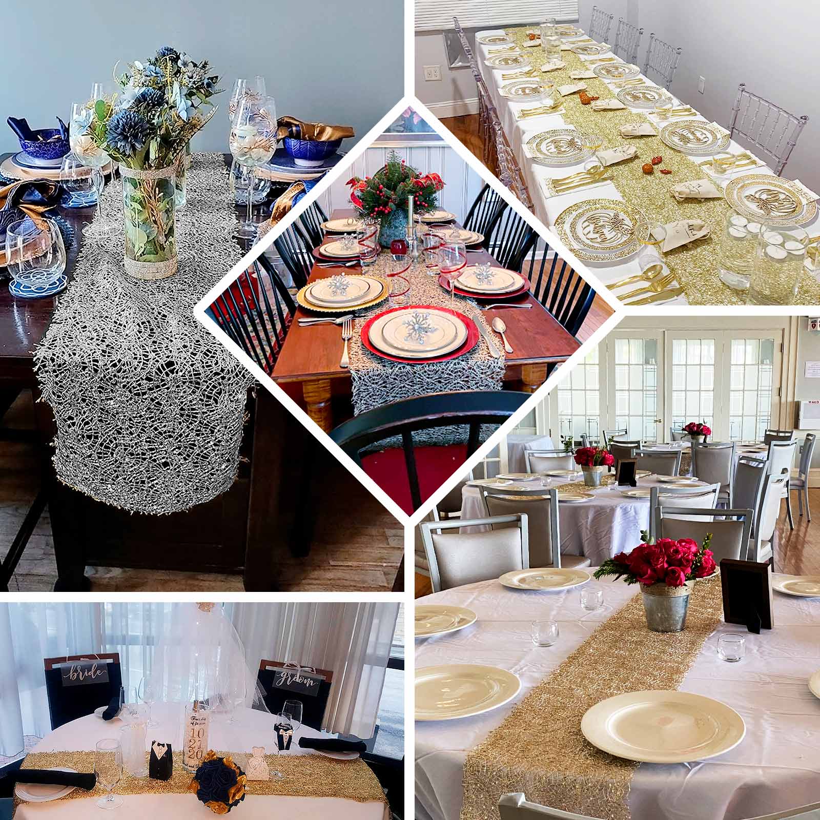 Mesh Table Runner 12"x108" Silver with Sequin Schiffli Lace Design - Disposable Table Decor - Image 5