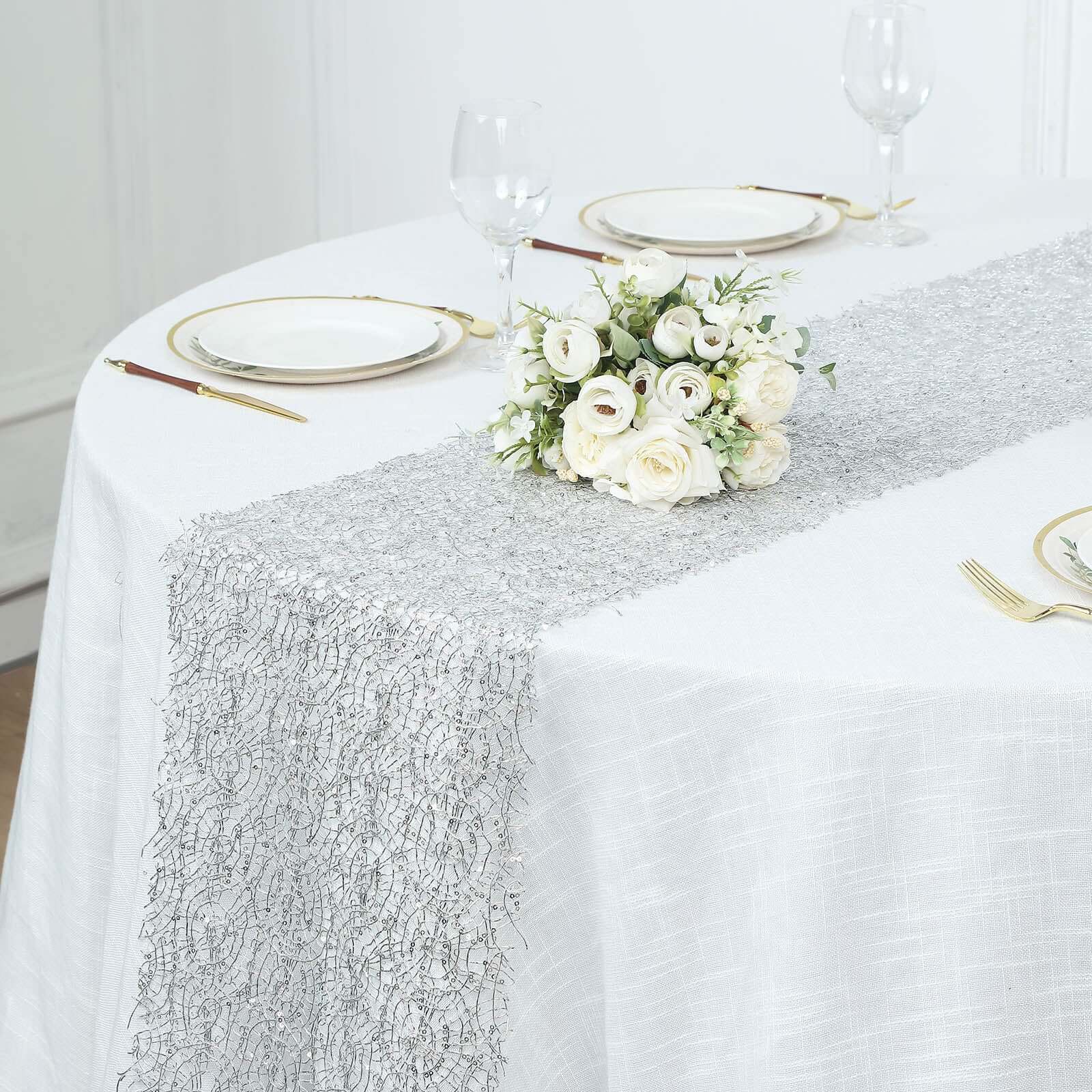 Mesh Table Runner 12"x108" Silver with Sequin Schiffli Lace Design - Disposable Table Decor - Image 7