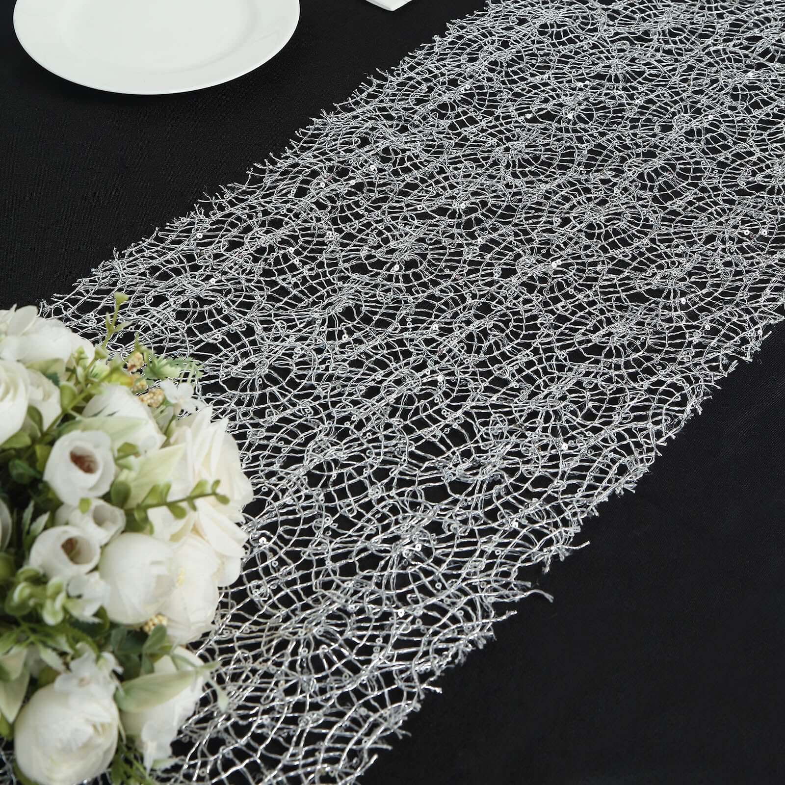 Mesh Table Runner 12"x108" Silver with Sequin Schiffli Lace Design - Disposable Table Decor - Image 9