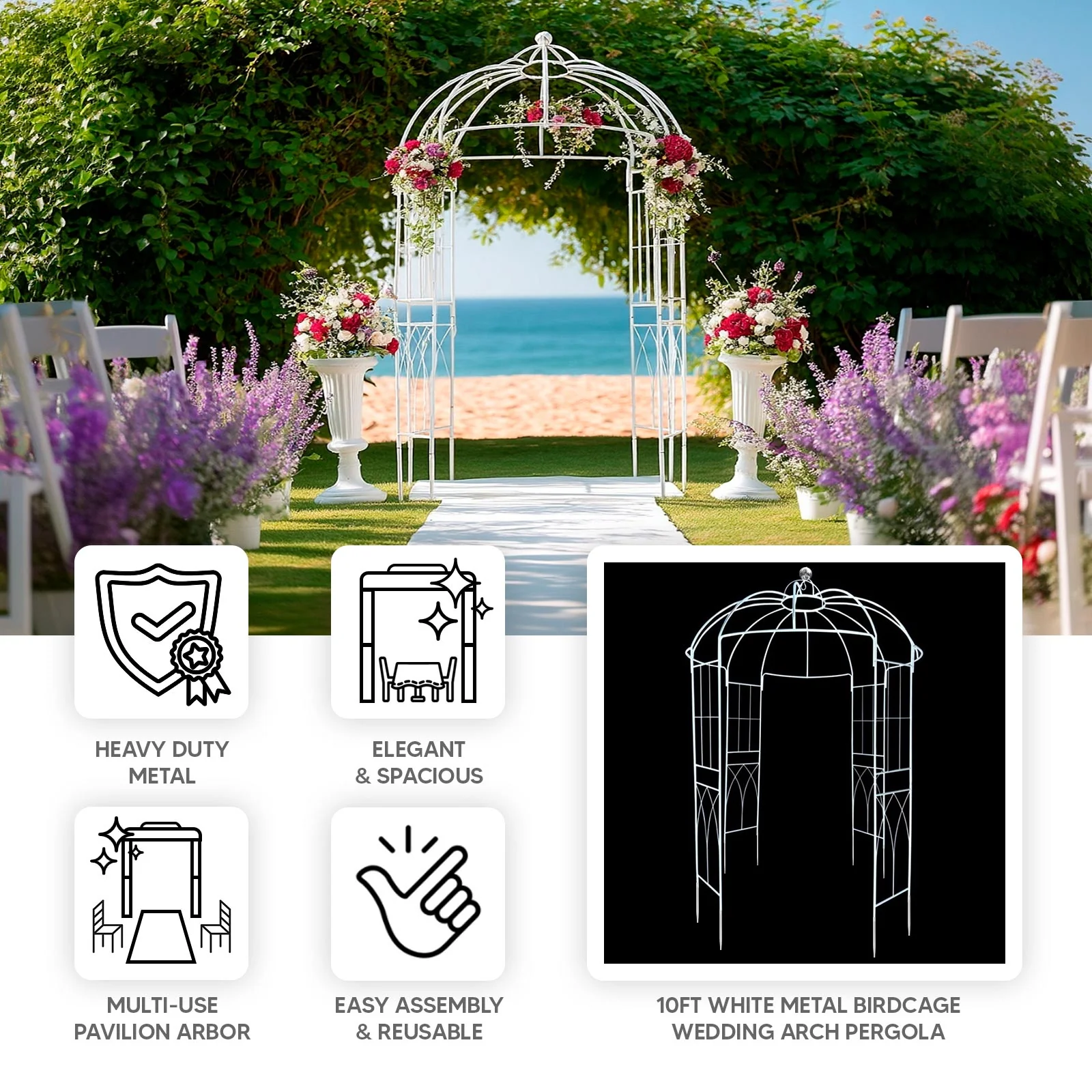Metal Birdcage Wedding Arch, White 10ft – Garden Gazebo Pergola Pavilion Arbor for Outdoor Ceremony, Vines & Flowers - Image 4
