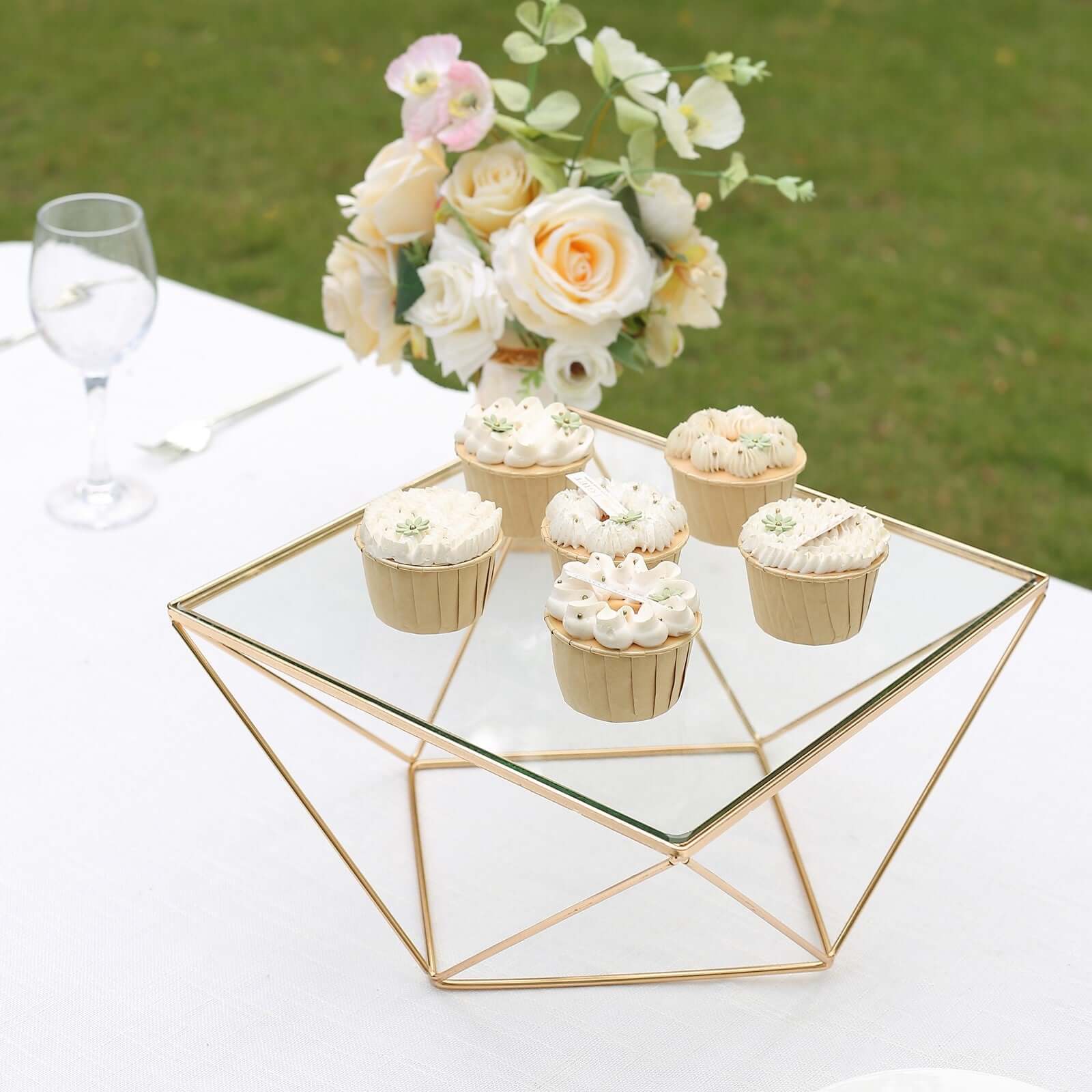 Metal Cake Stand 12" Geometric Pedestal Riser Design Gold with Square Glass Top - Display Centerpiece
