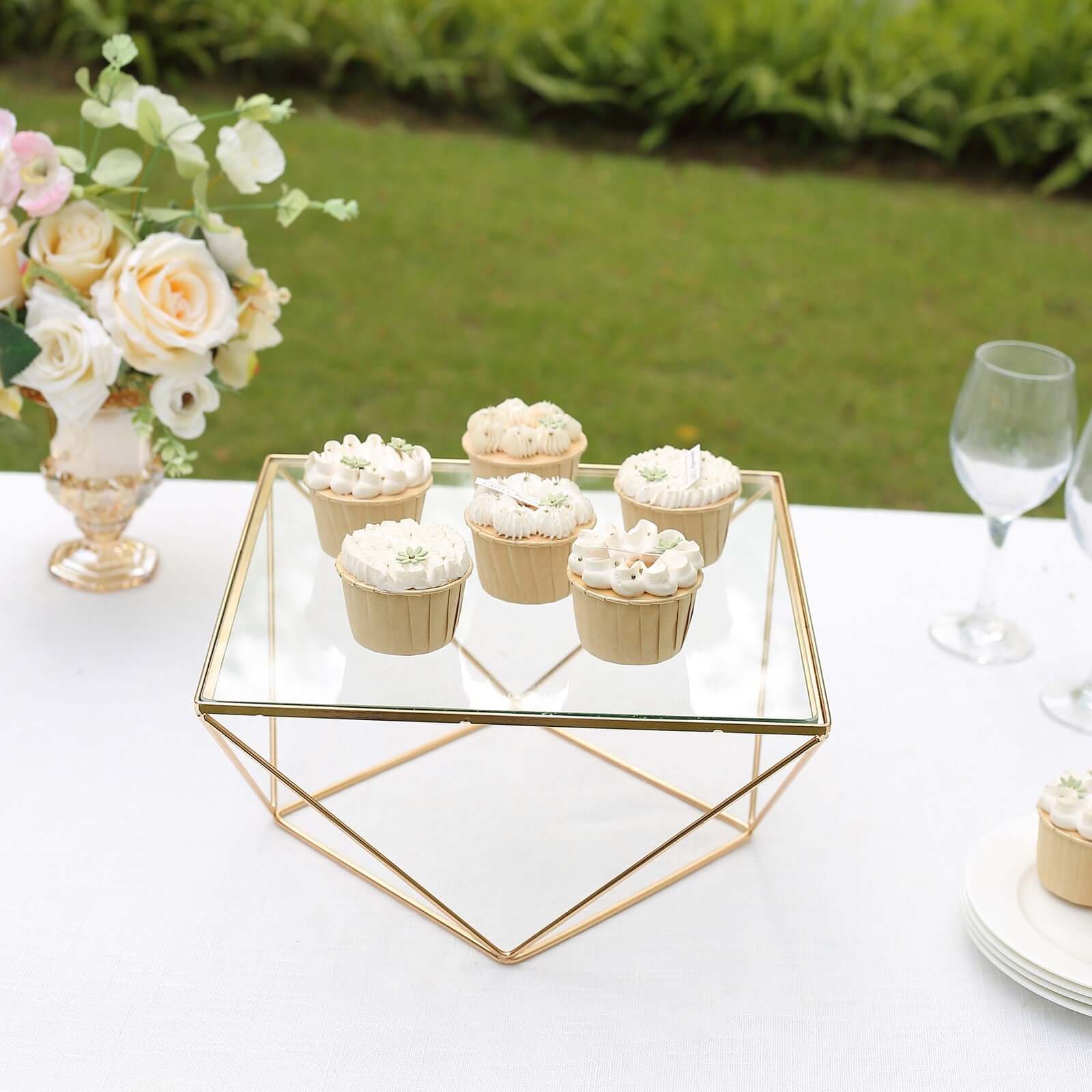 Metal Cake Stand 12" Geometric Pedestal Riser Design Gold with Square Glass Top - Display Centerpiece - Image 10