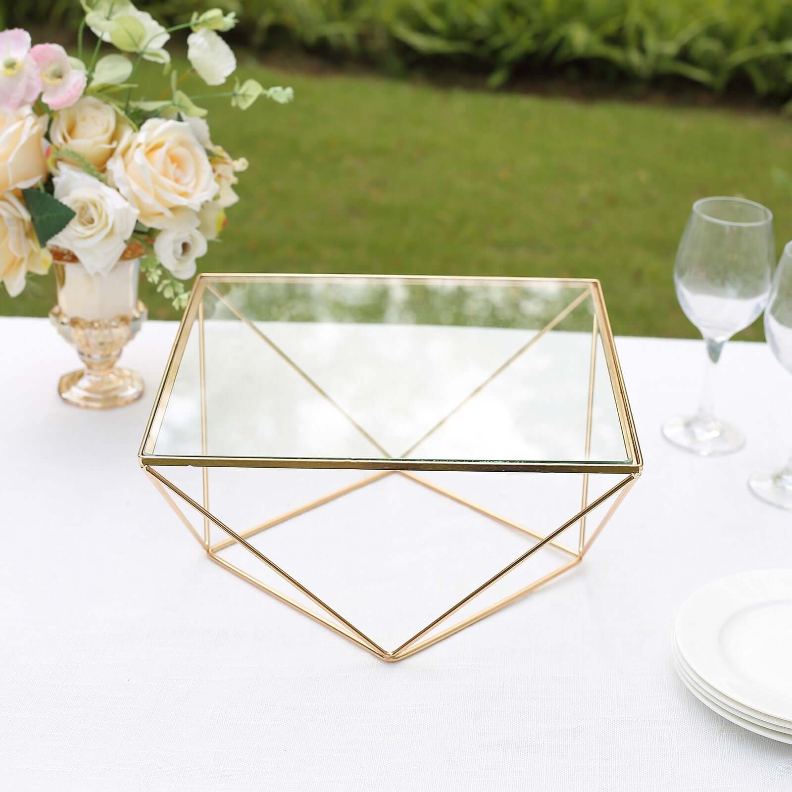 Metal Cake Stand 12" Geometric Pedestal Riser Design Gold with Square Glass Top - Display Centerpiece - Image 11