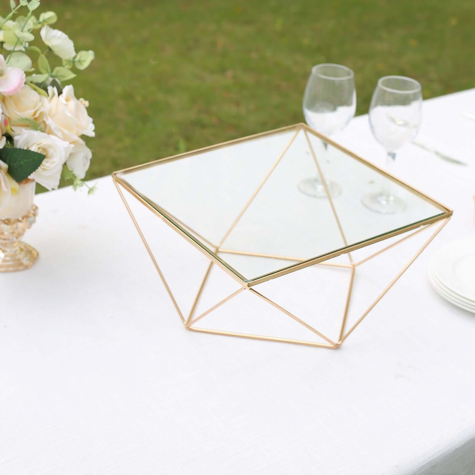 Metal Cake Stand 12" Geometric Pedestal Riser Design Gold with Square Glass Top - Display Centerpiece - Image 12