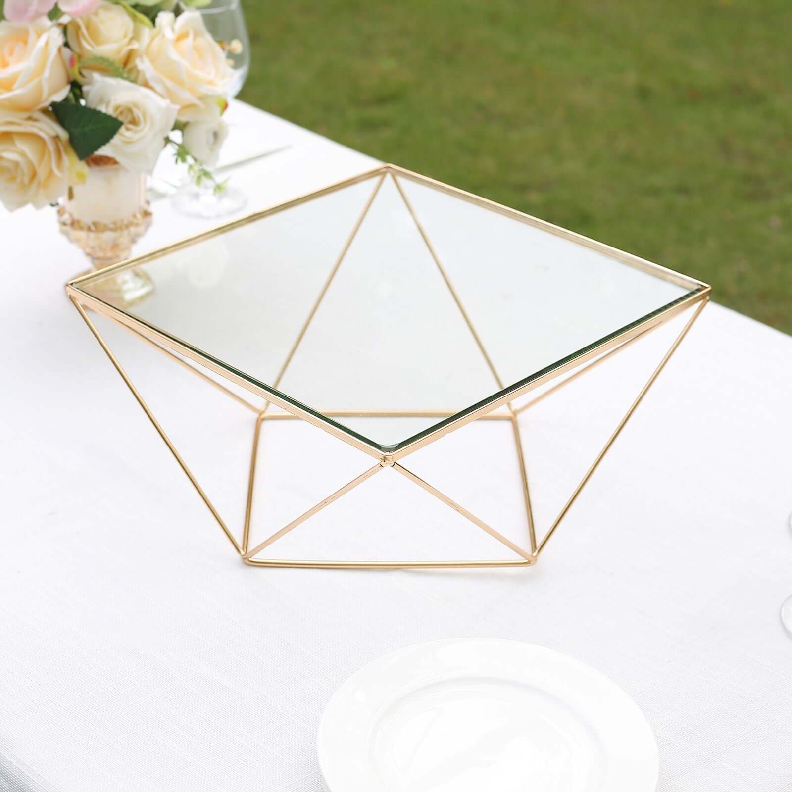 Metal Cake Stand 12" Geometric Pedestal Riser Design Gold with Square Glass Top - Display Centerpiece - Image 14