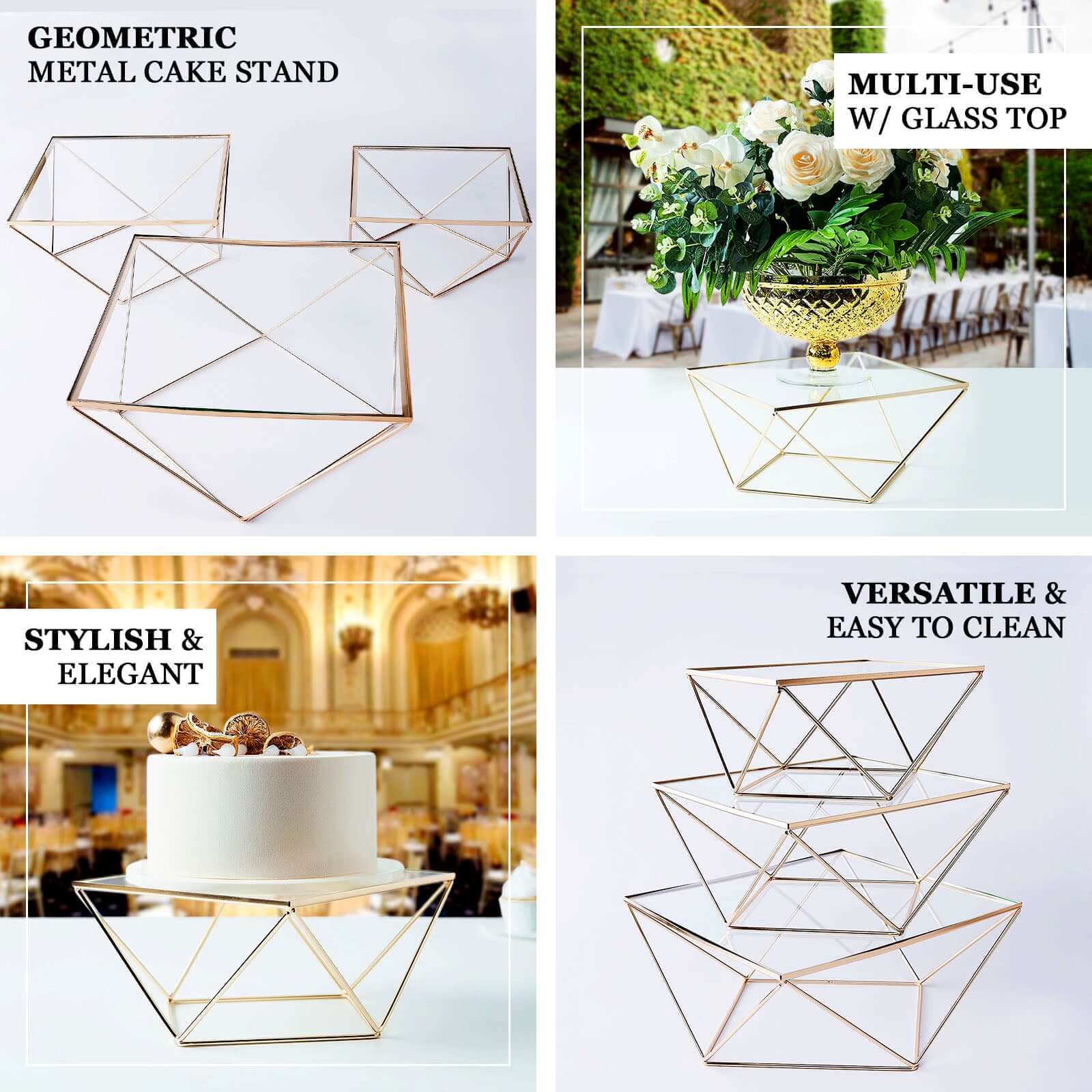 Metal Cake Stand 12" Geometric Pedestal Riser Design Gold with Square Glass Top - Display Centerpiece - Image 4