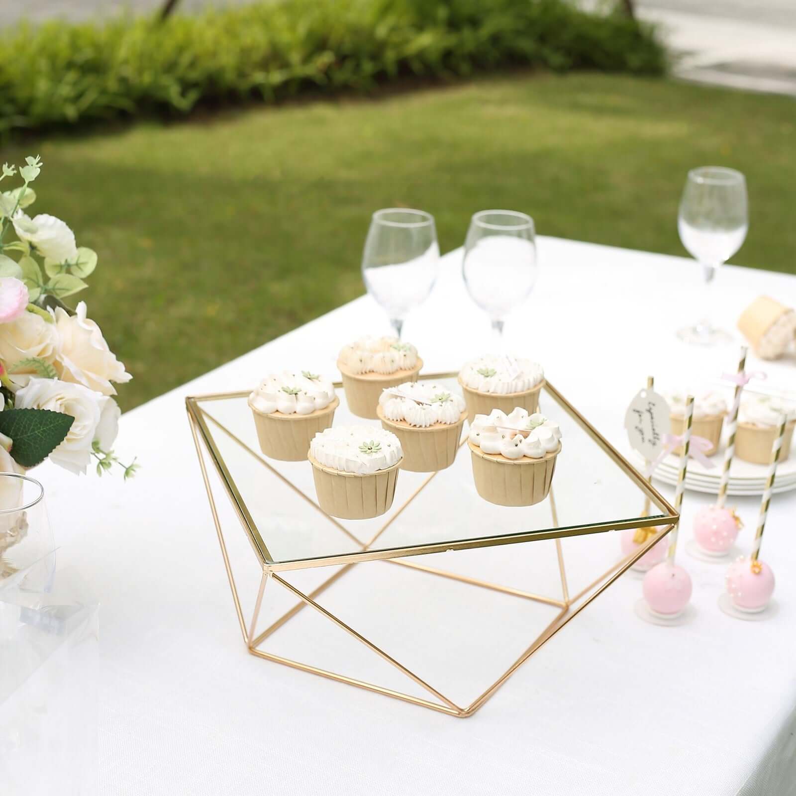 Metal Cake Stand 12" Geometric Pedestal Riser Design Gold with Square Glass Top - Display Centerpiece - Image 8