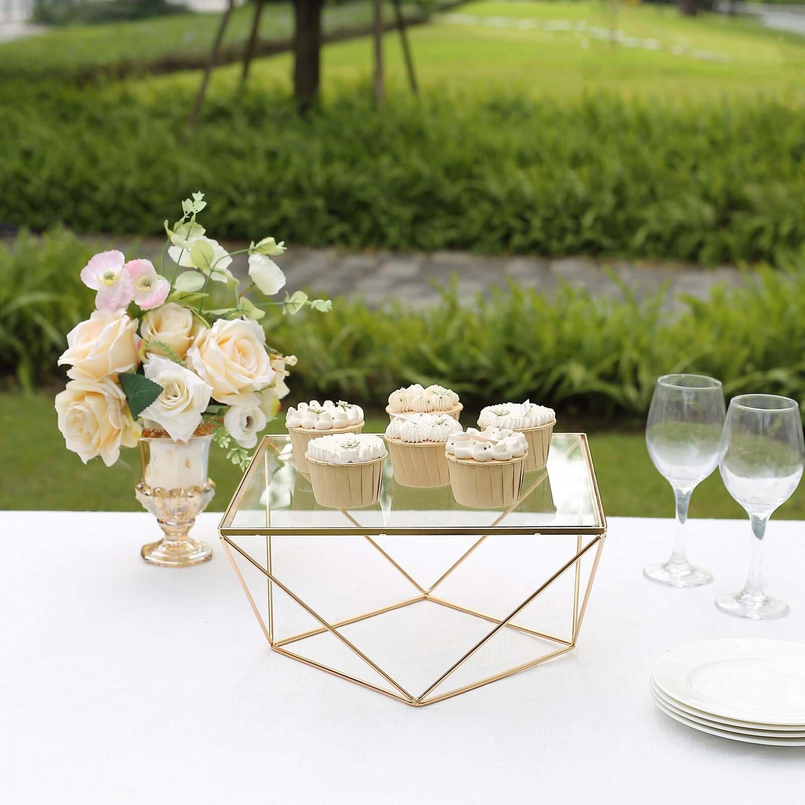 Metal Cake Stand 12" Geometric Pedestal Riser Design Gold with Square Glass Top - Display Centerpiece - Image 9