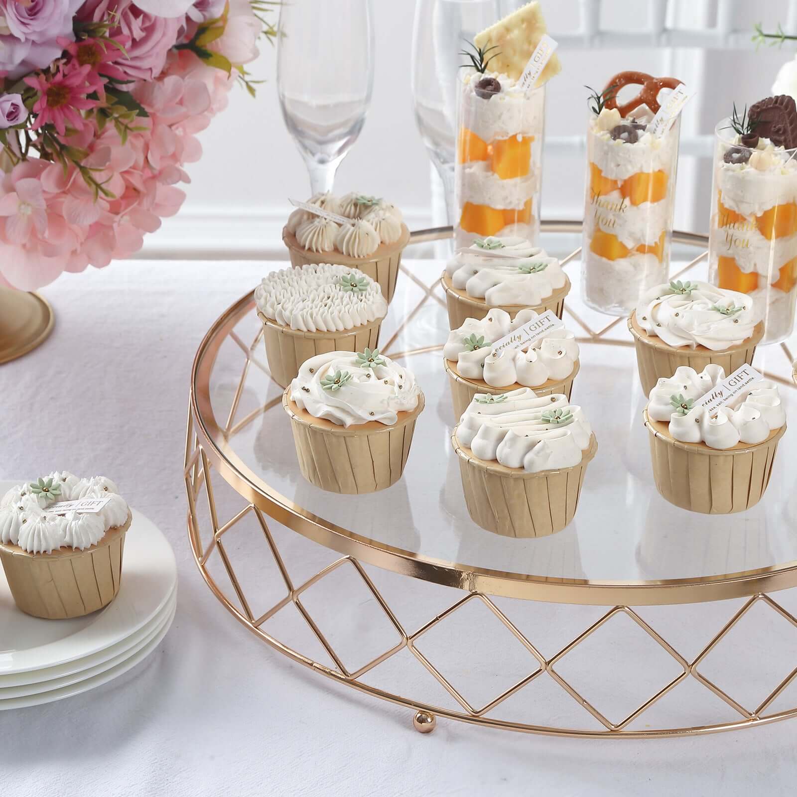 Metal Cake Stand 14" Geometric Diamond Cut Design Gold with Glass Top - Dessert Display Riser for Events - Image 2