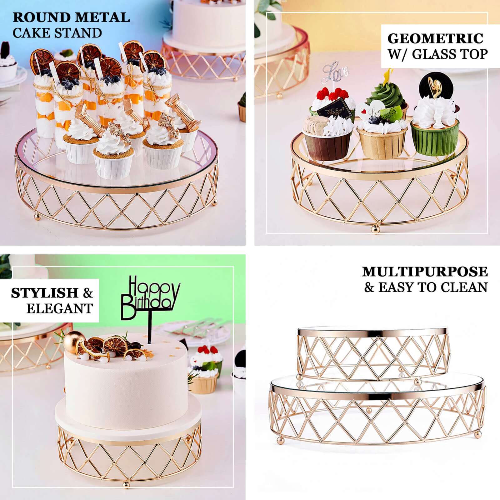 Metal Cake Stand 14" Geometric Diamond Cut Design Gold with Glass Top - Dessert Display Riser for Events - Image 4