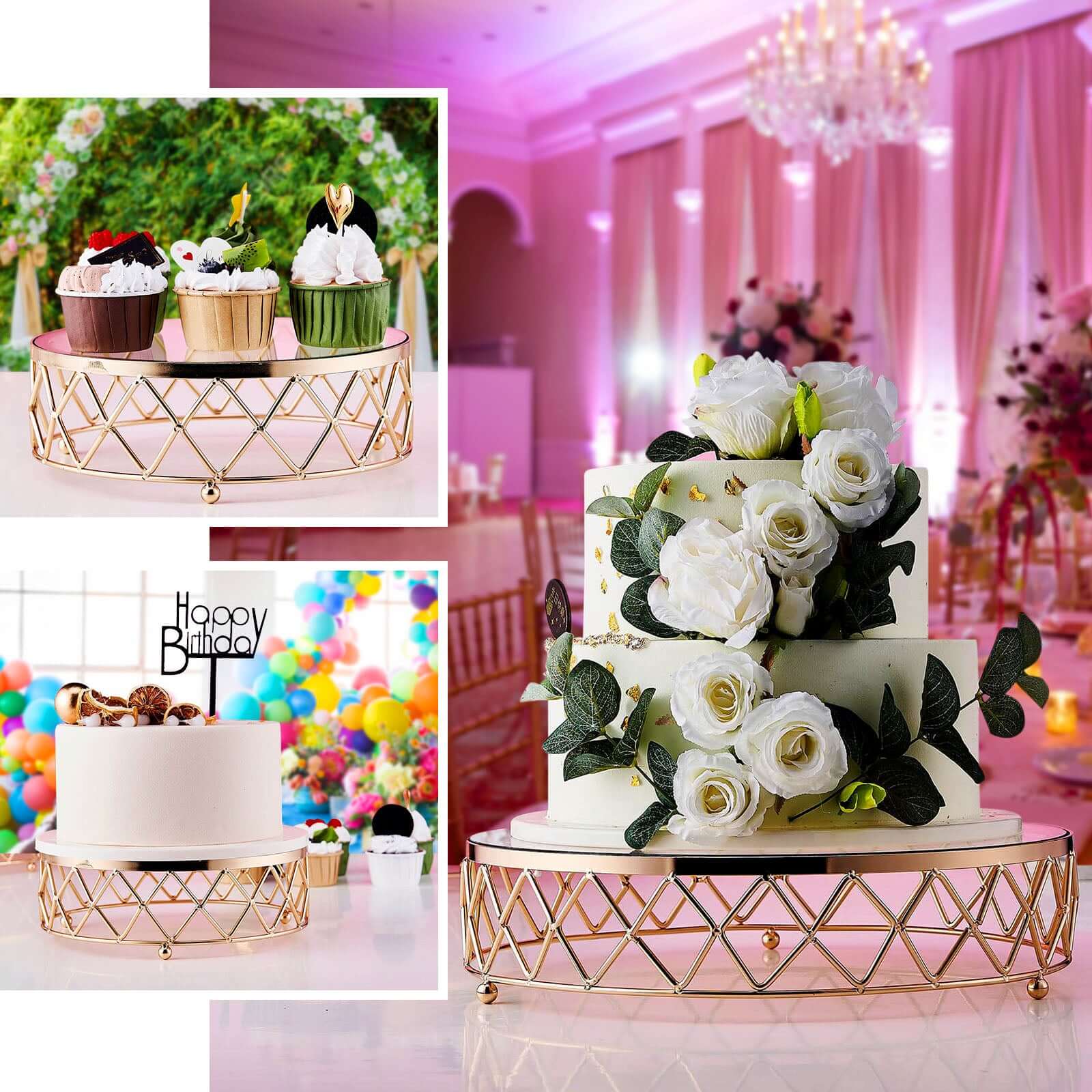 Metal Cake Stand 14" Geometric Diamond Cut Design Gold with Glass Top - Dessert Display Riser for Events - Image 5