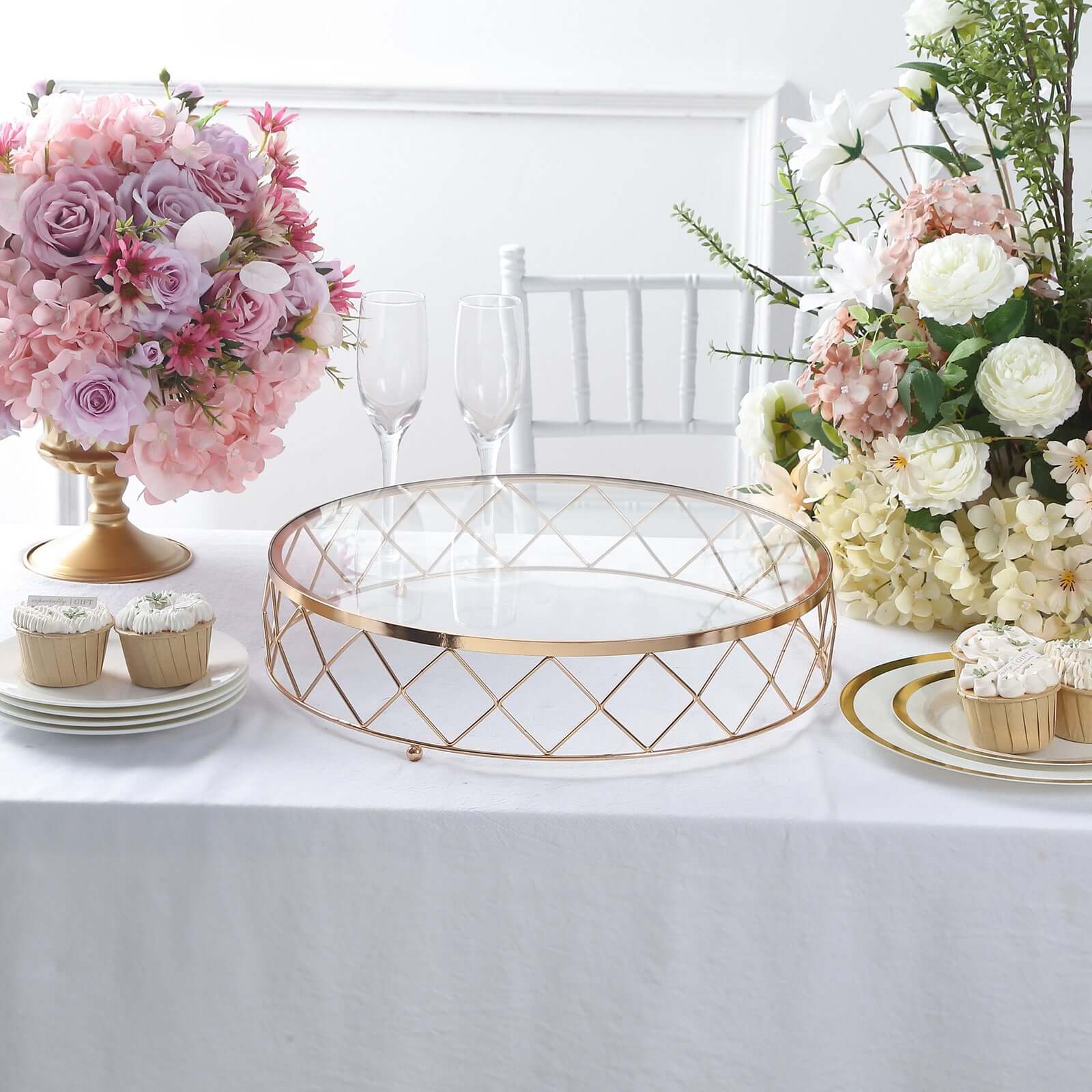Metal Cake Stand 14" Geometric Diamond Cut Design Gold with Glass Top - Dessert Display Riser for Events - Image 7