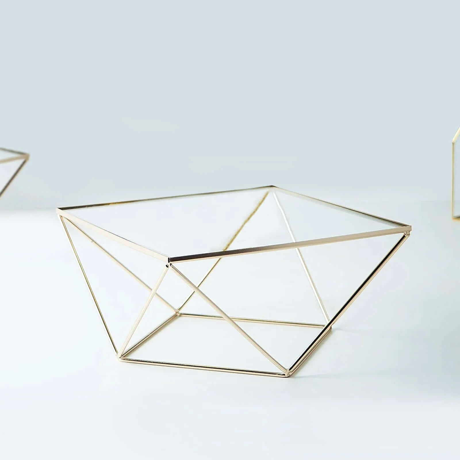 Metal Cake Stand 14" Geometric Pedestal Riser Design Gold with Square Glass Top - Display Centerpiece