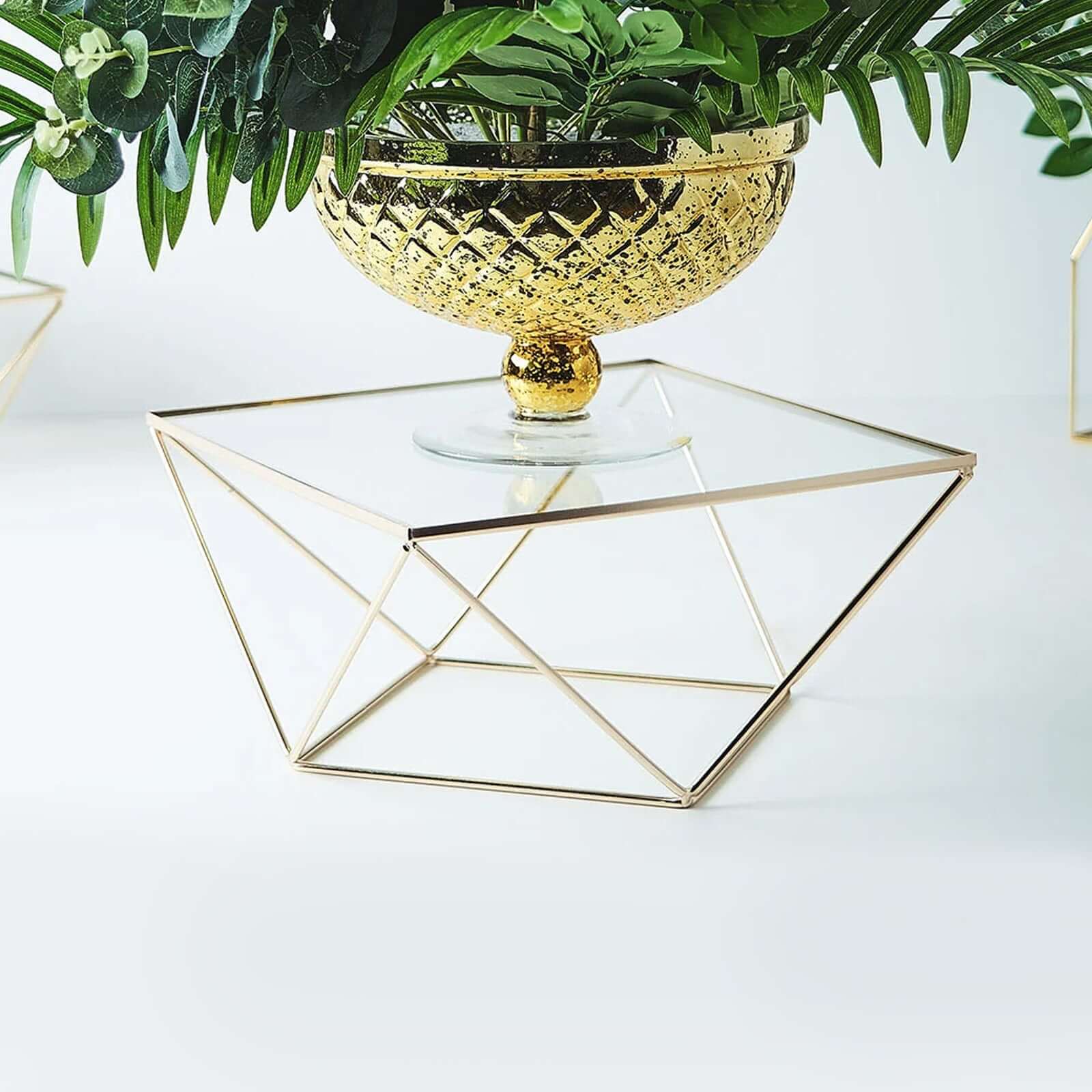 Metal Cake Stand 14" Geometric Pedestal Riser Design Gold with Square Glass Top - Display Centerpiece - Image 2