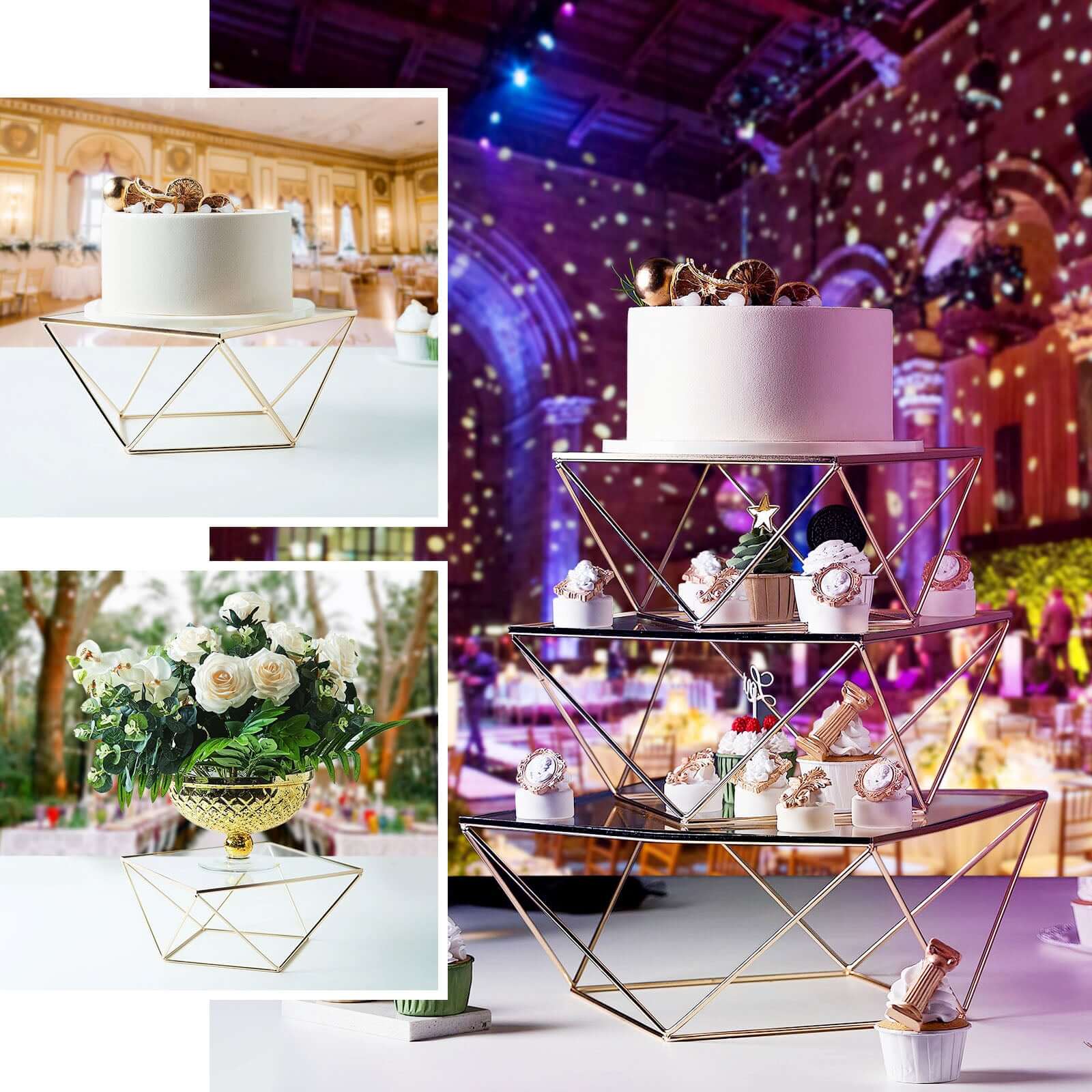 Metal Cake Stand 14" Geometric Pedestal Riser Design Gold with Square Glass Top - Display Centerpiece - Image 5