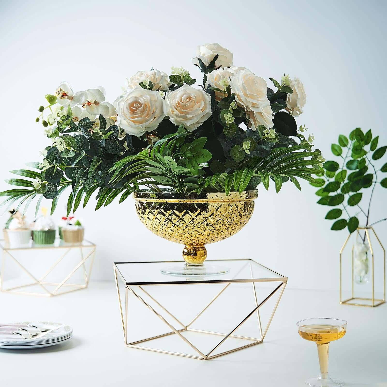 Metal Cake Stand 14" Geometric Pedestal Riser Design Gold with Square Glass Top - Display Centerpiece - Image 6