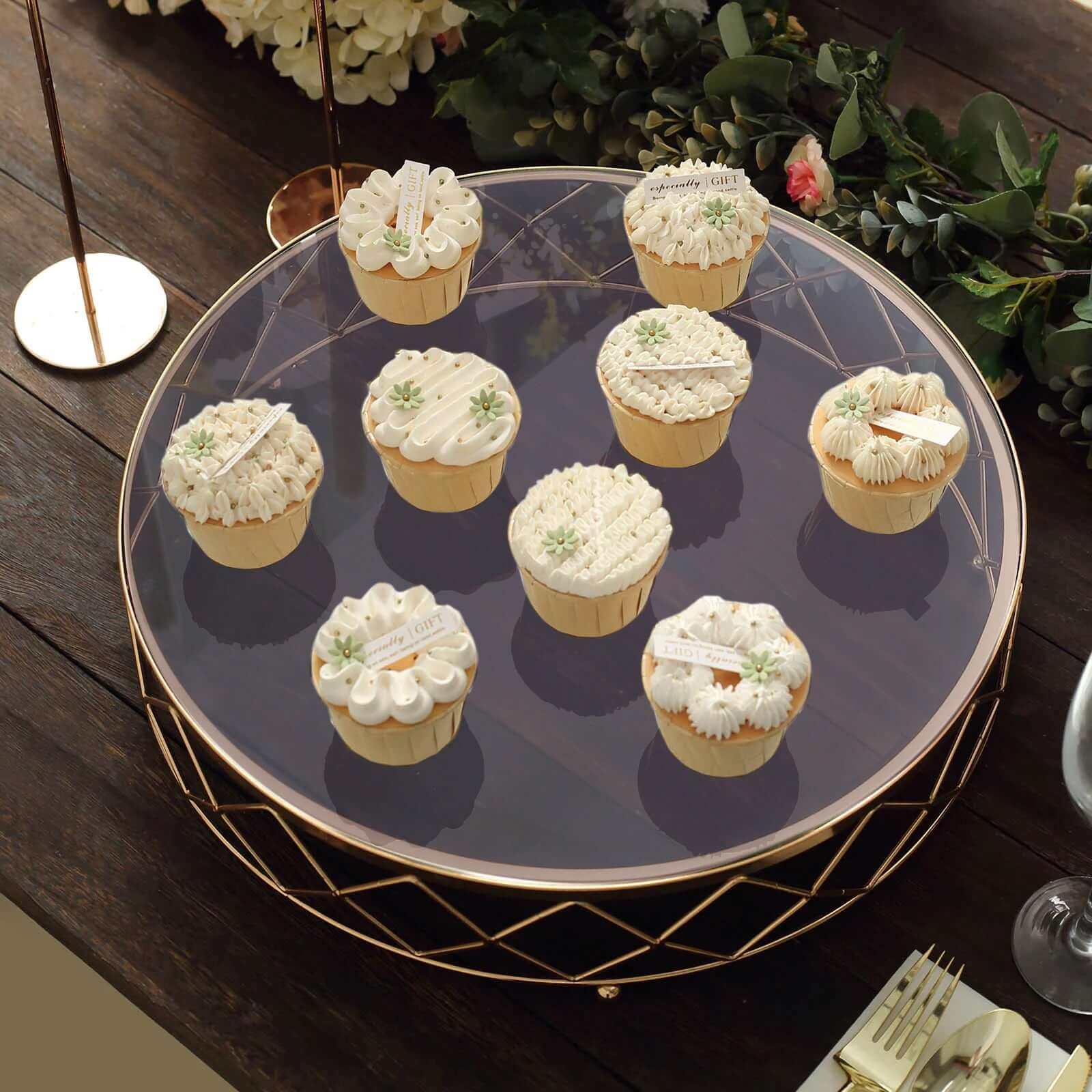 Metal Cake Stand 16" Geometric Diamond Cut Design Gold with Glass Top - Dessert Display Riser for Parties - Image 8