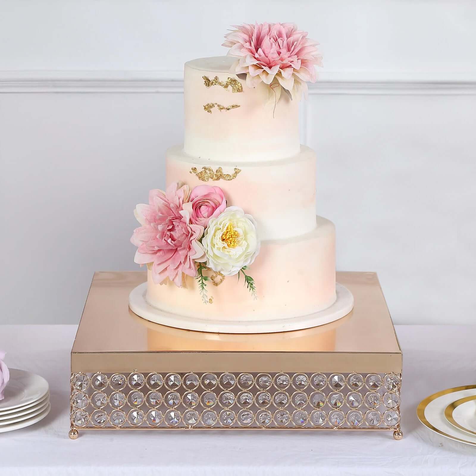 Metal Cake Stand 16" Square Design with Crystal Beads Gold - Dessert Pedestal for Events