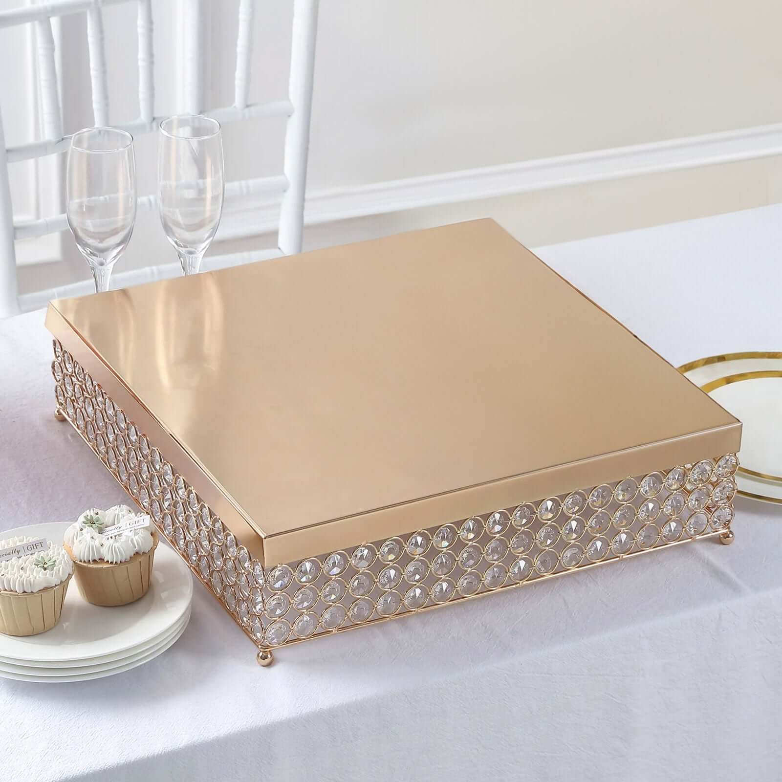 Metal Cake Stand 16" Square Design with Crystal Beads Gold - Dessert Pedestal for Events - Image 2