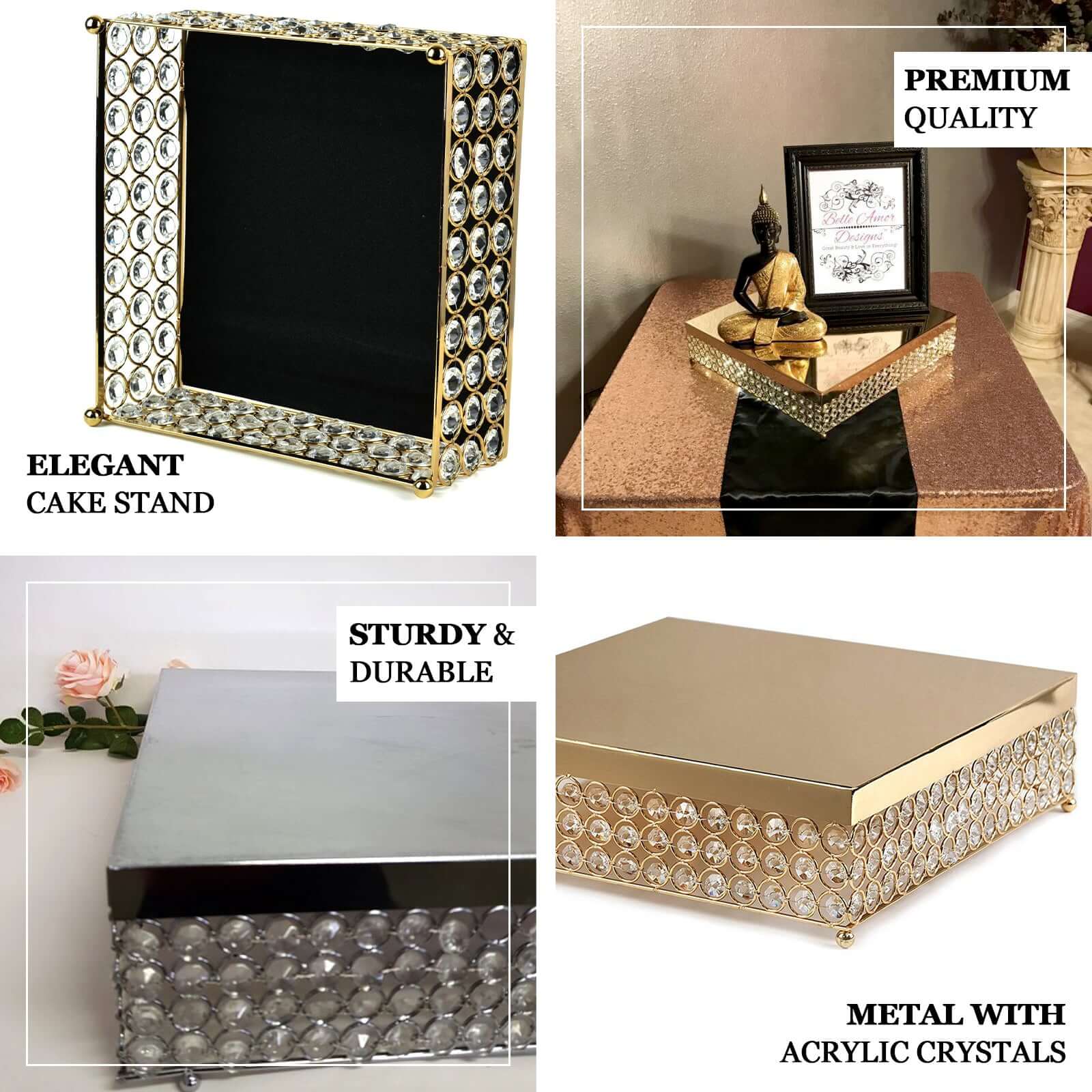 Metal Cake Stand 16" Square Design with Crystal Beads Gold - Dessert Pedestal for Events - Image 4
