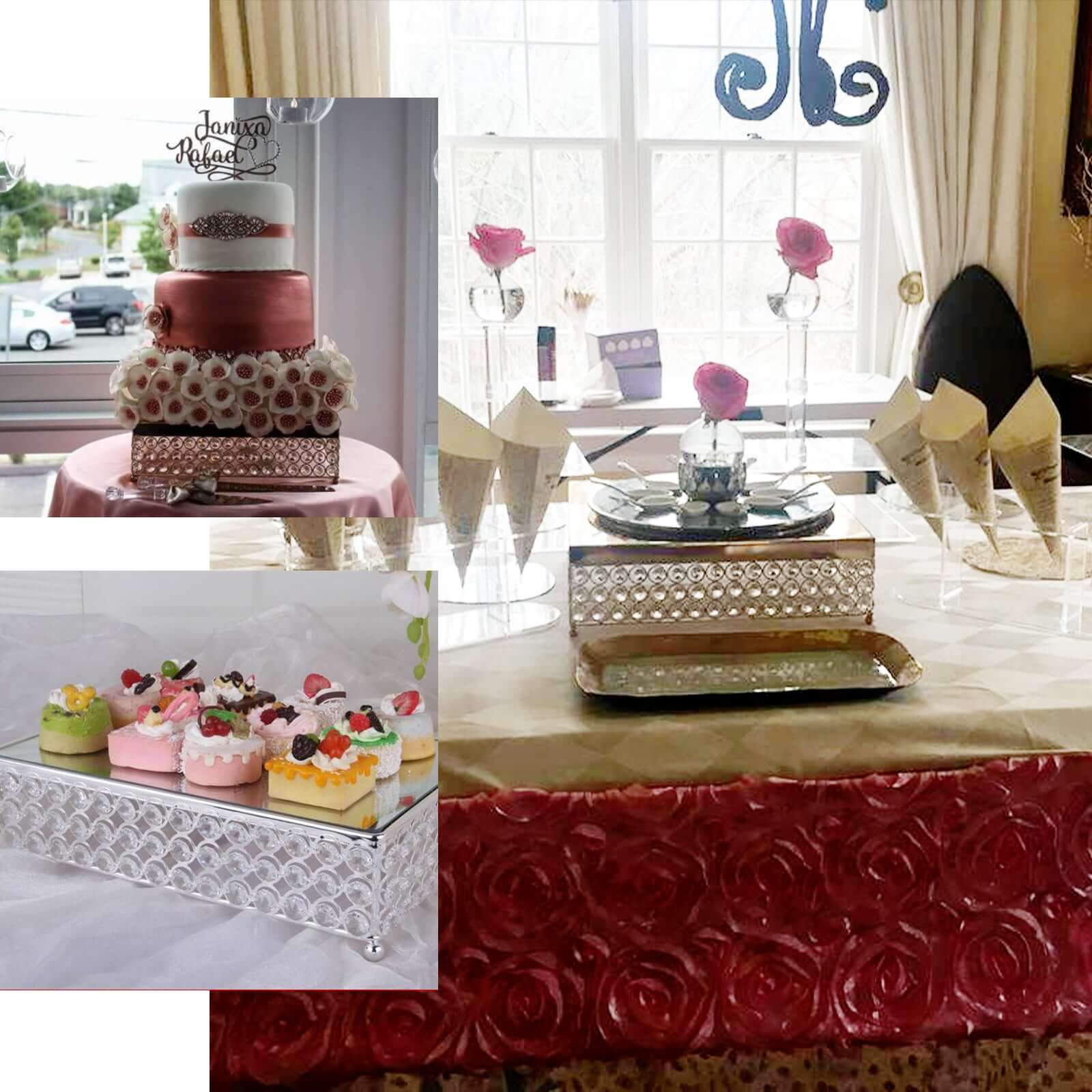 Metal Cake Stand 16" Square Design with Crystal Beads Gold - Dessert Pedestal for Events - Image 5
