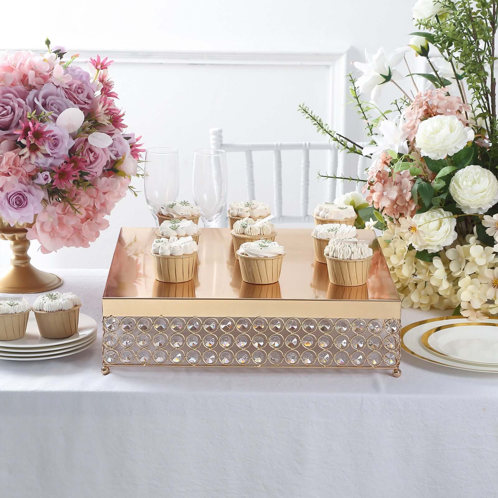 Metal Cake Stand 16" Square Design with Crystal Beads Gold - Dessert Pedestal for Events - Image 6