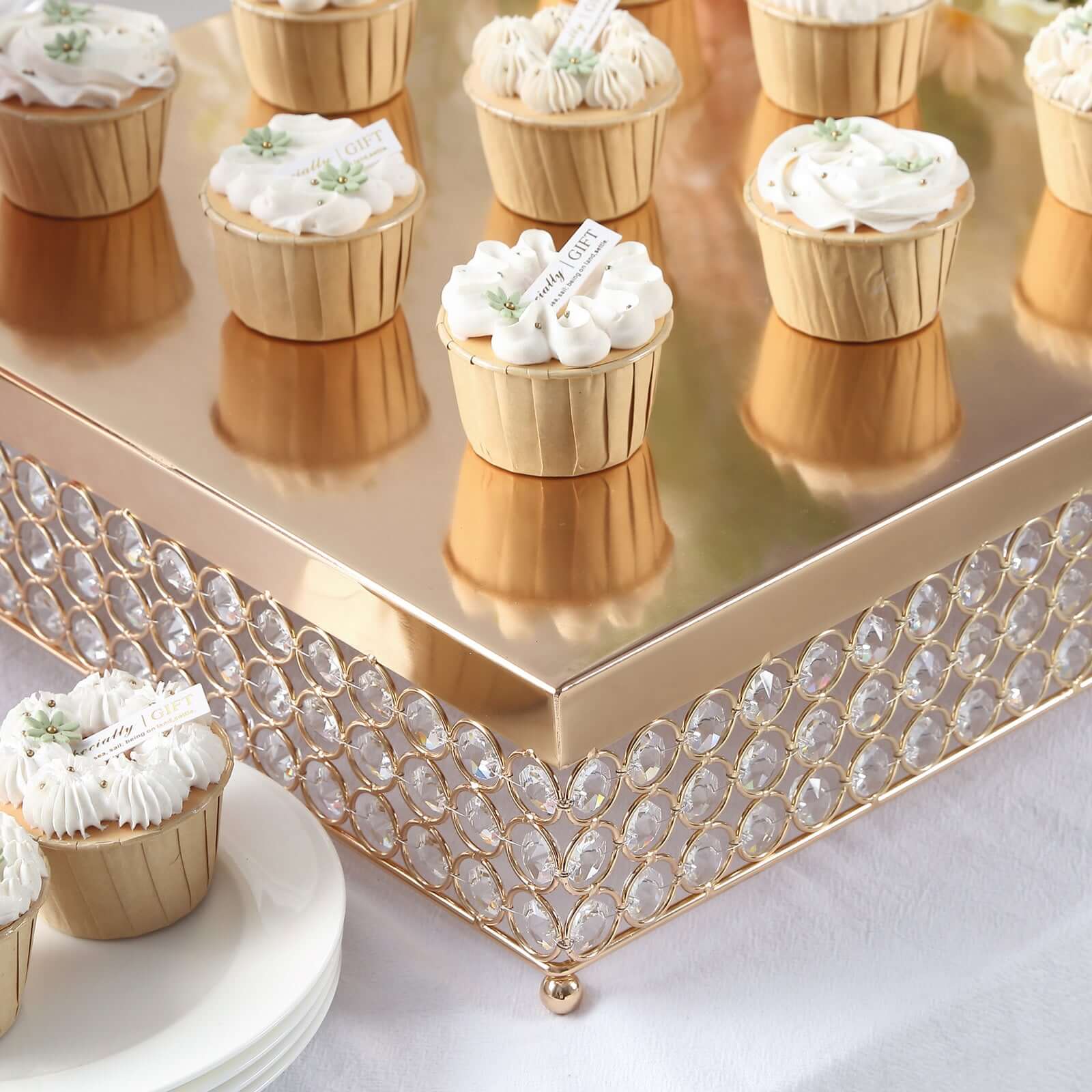 Metal Cake Stand 16" Square Design with Crystal Beads Gold - Dessert Pedestal for Events - Image 7