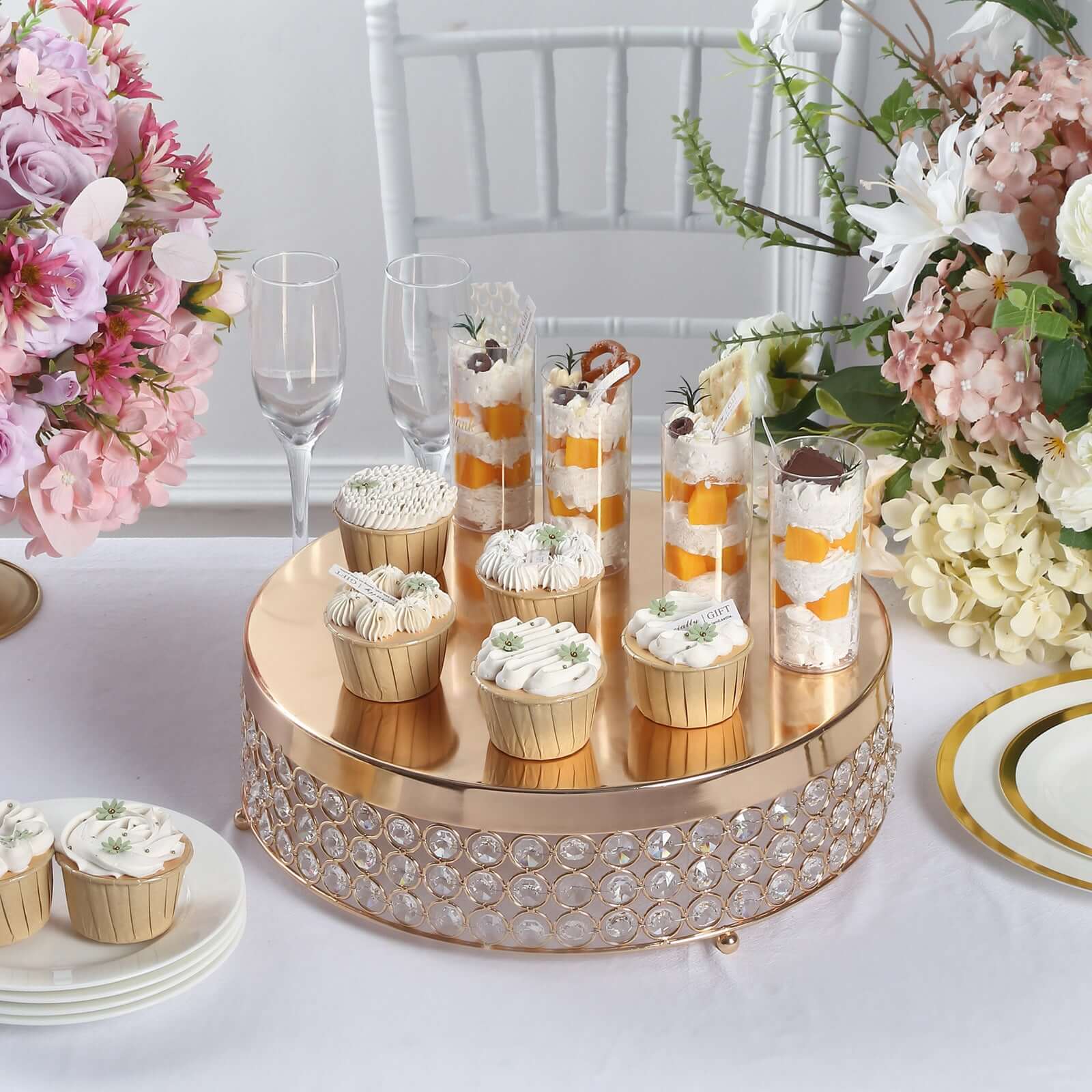Metal Cake Stand Pedestal 14" Crystal Beaded Design Gold - Cupcake Display and Dessert Riser - Image 2