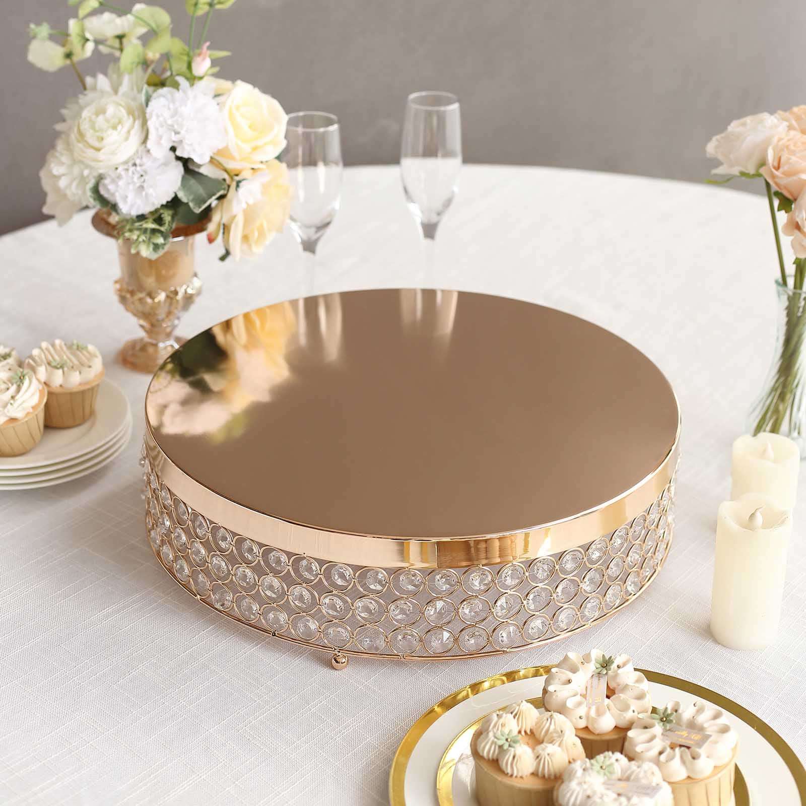 Metal Cake Stand Pedestal 16" Crystal Beaded Design Gold - Cupcake Display and Dessert Riser - Image 2