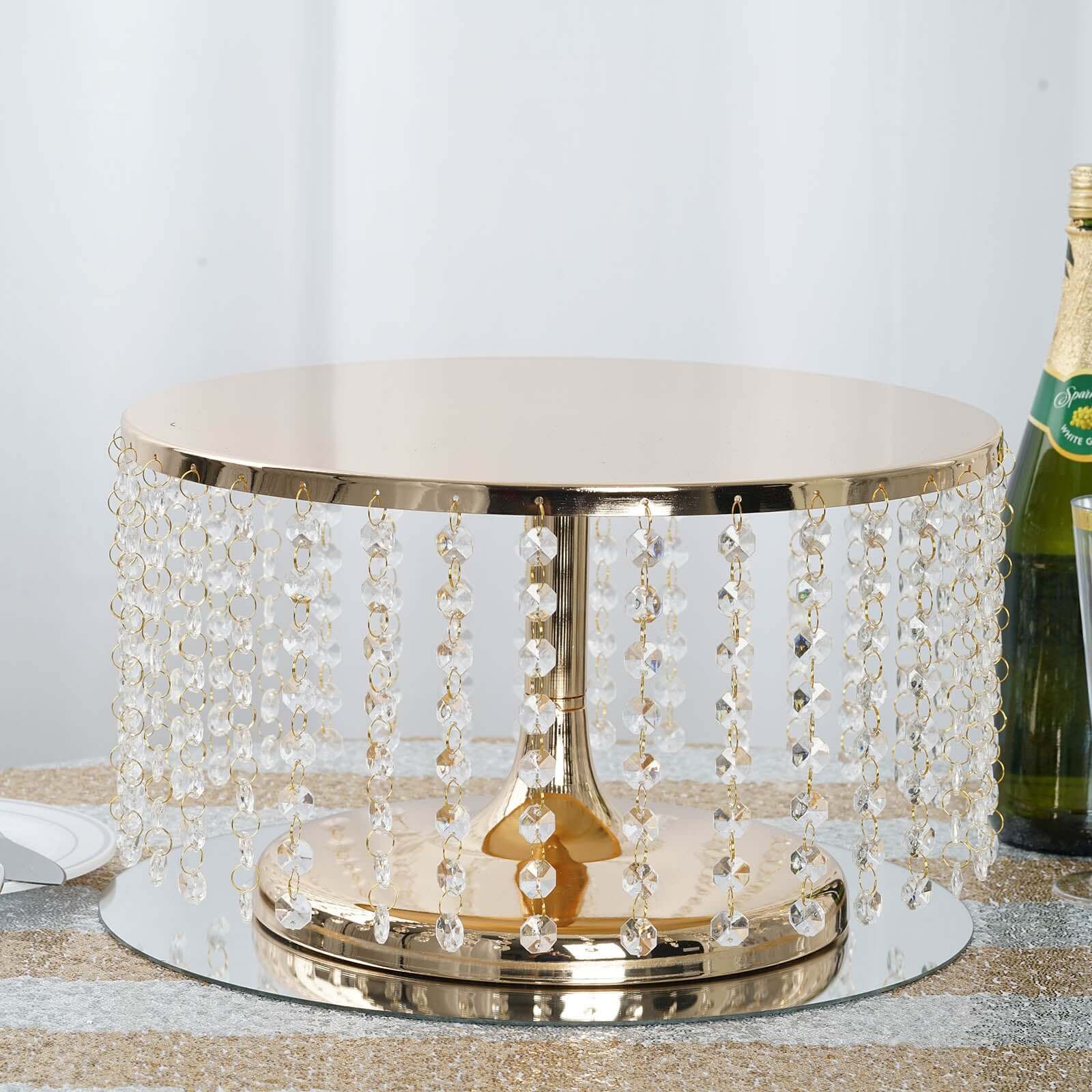Metal Cake Stand Round Design 14" Dia Metallic Gold with Crystal Chains 8" Tall - Cupcake Dessert Pedestal - Image 2