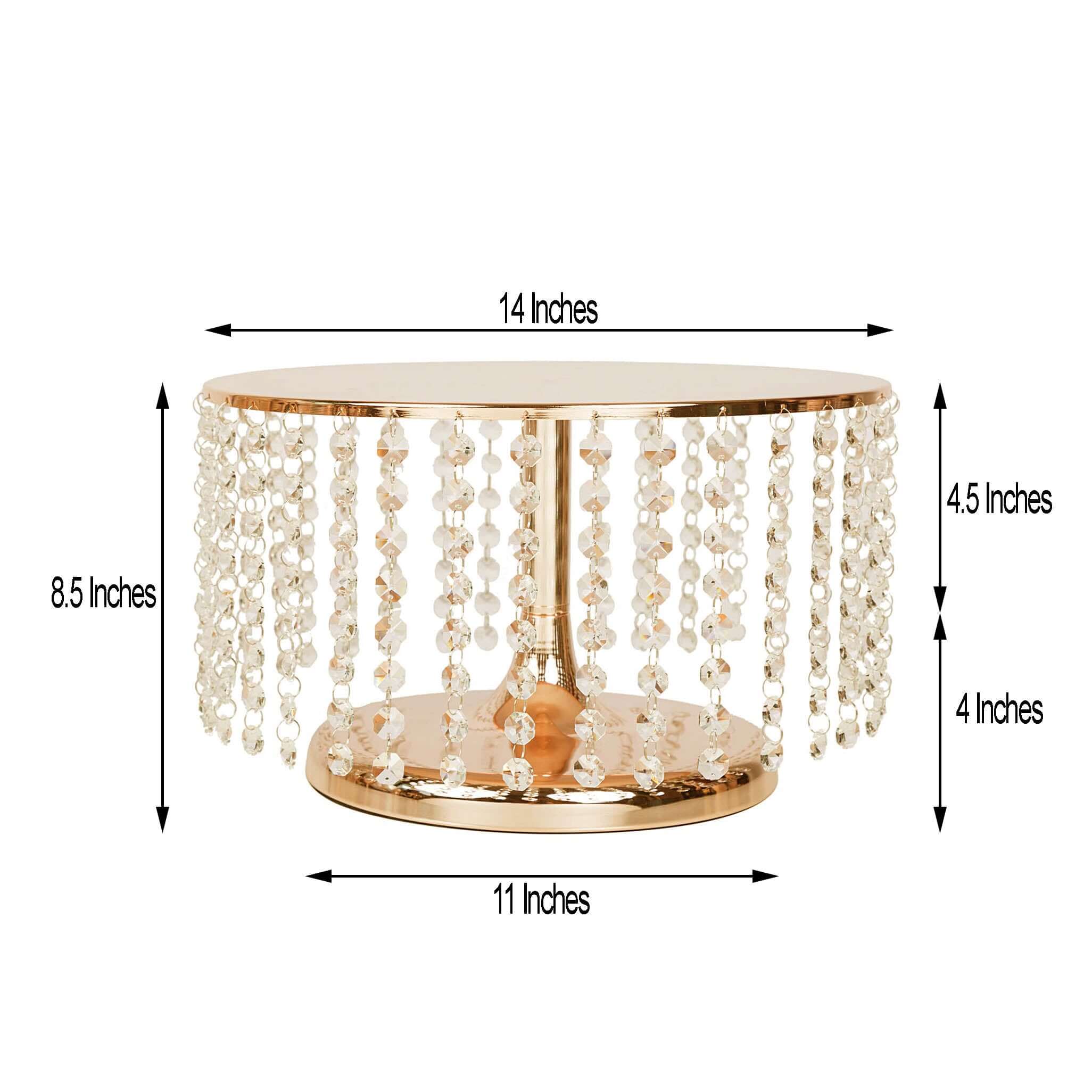 Metal Cake Stand Round Design 14" Dia Metallic Gold with Crystal Chains 8" Tall - Cupcake Dessert Pedestal - Image 3